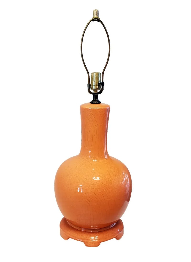 Vintage Large Palm Beach-Style High-Gloss Coral Colored Ceramic Table Lamp With Crackle Glaze & Ming - 3