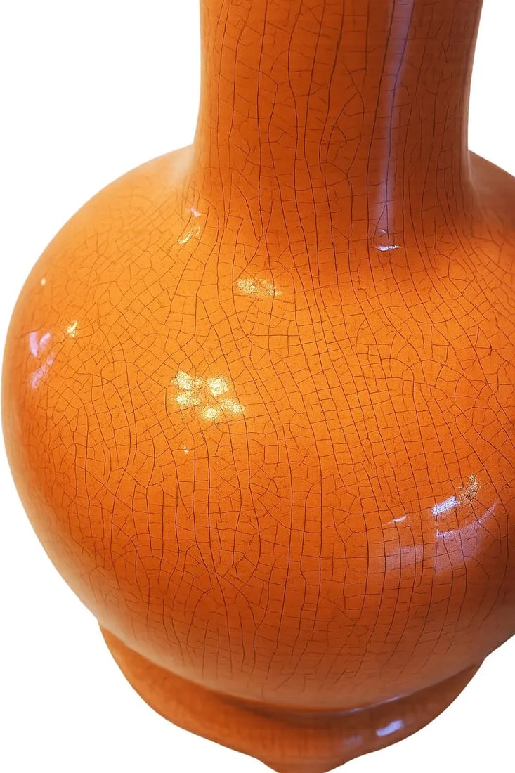 Vintage Large Palm Beach-Style High-Gloss Coral Colored Ceramic Table Lamp With Crackle Glaze & Ming - 4