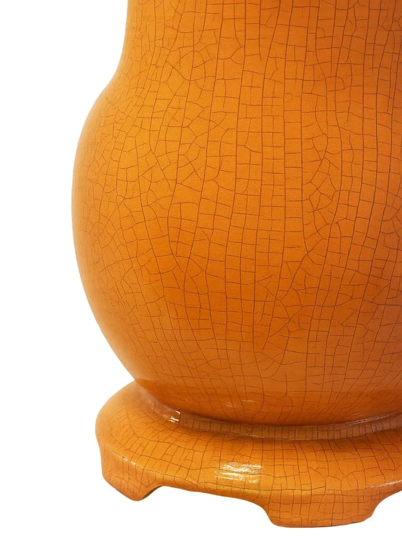 Vintage Large Palm Beach-Style High-Gloss Coral Colored Ceramic Table Lamp With Crackle Glaze & Ming - 5