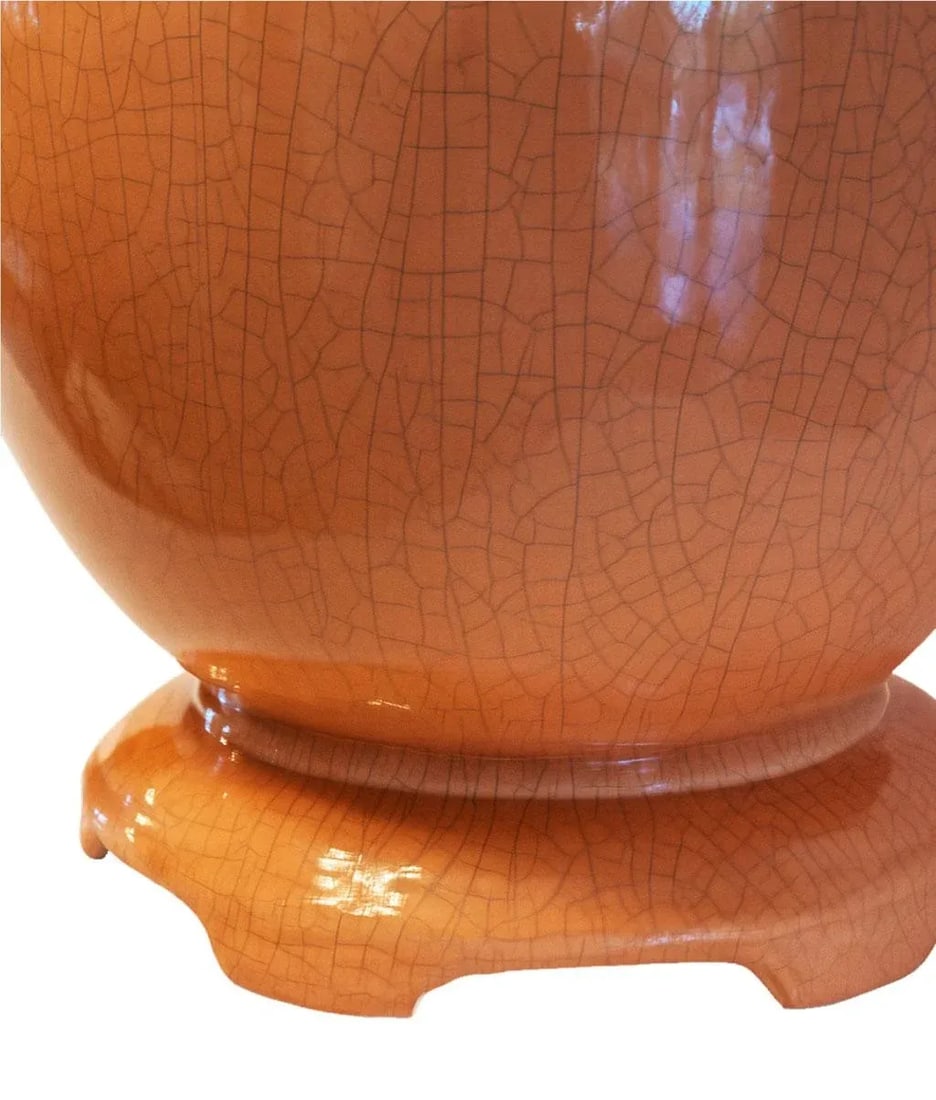 Vintage Large Palm Beach-Style High-Gloss Coral Colored Ceramic Table Lamp With Crackle Glaze & Ming - 6