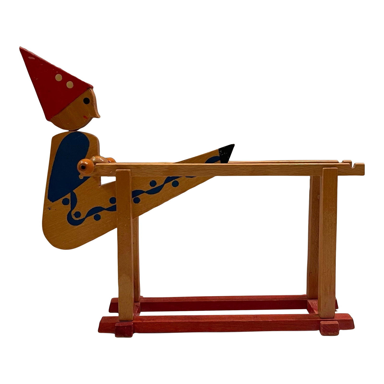 Antique Wooden Handpainted Rocking Clown Acrobatic Flip Toy, East Russian: This is a lovely antique handmade and handpainted toy. It features an acrobatic clown manually set upon two parallel wooden acrobat bars. The clown is tipped by hand in order to rock or swing to a