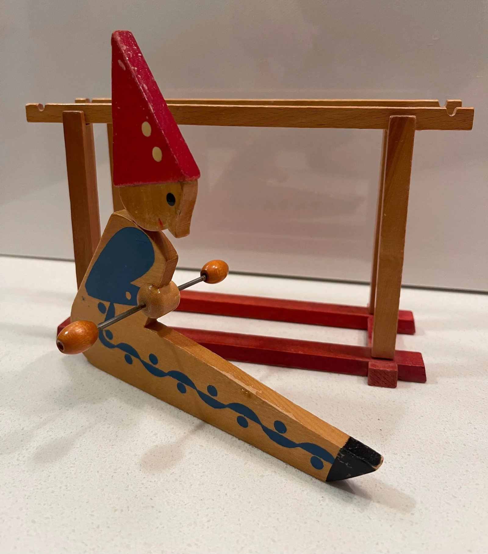 Antique Wooden Handpainted Rocking Clown Acrobatic Flip Toy, East Russian - 4