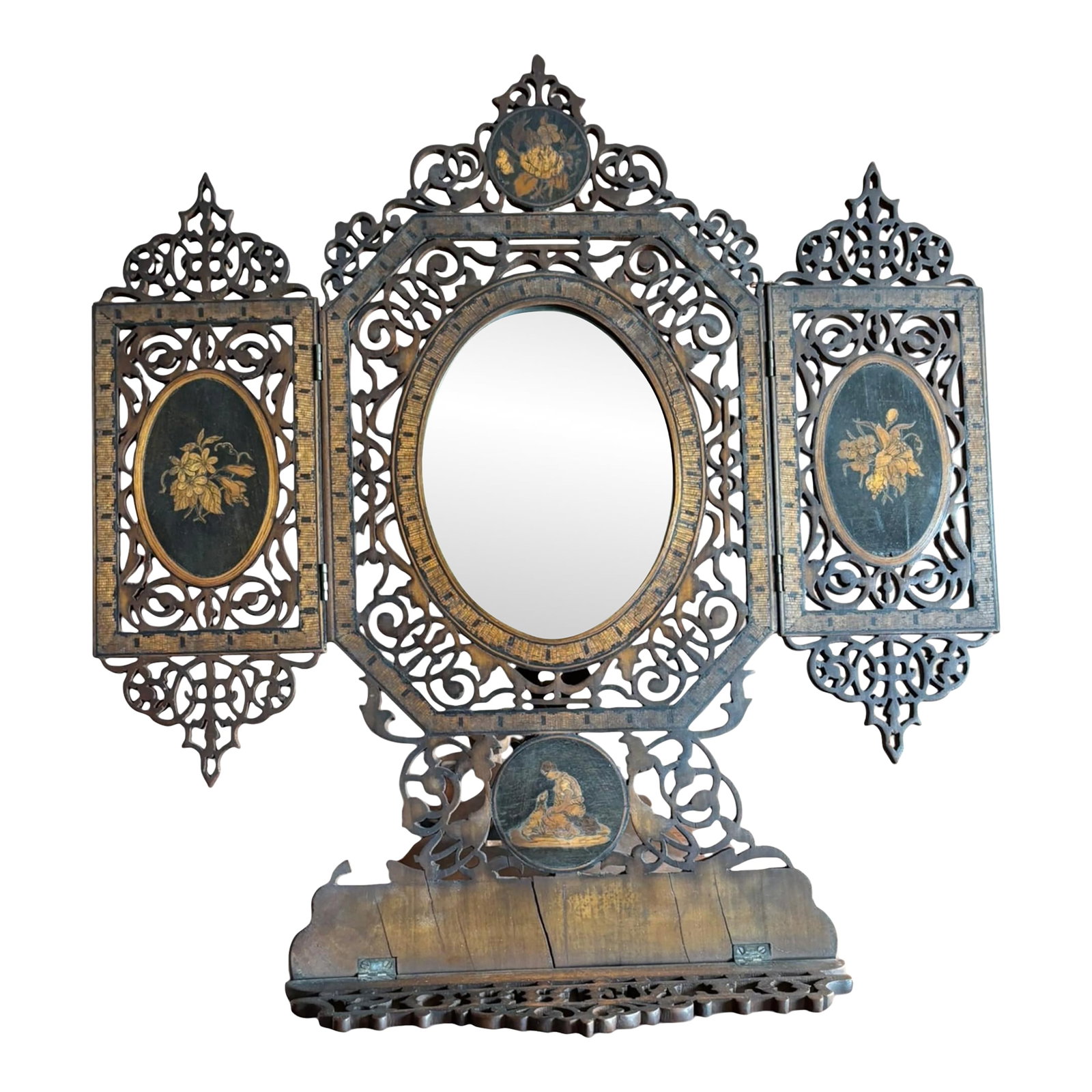 Antique Carved Inlaid Easel Back Triptych Folding Mirror (1 of 8)