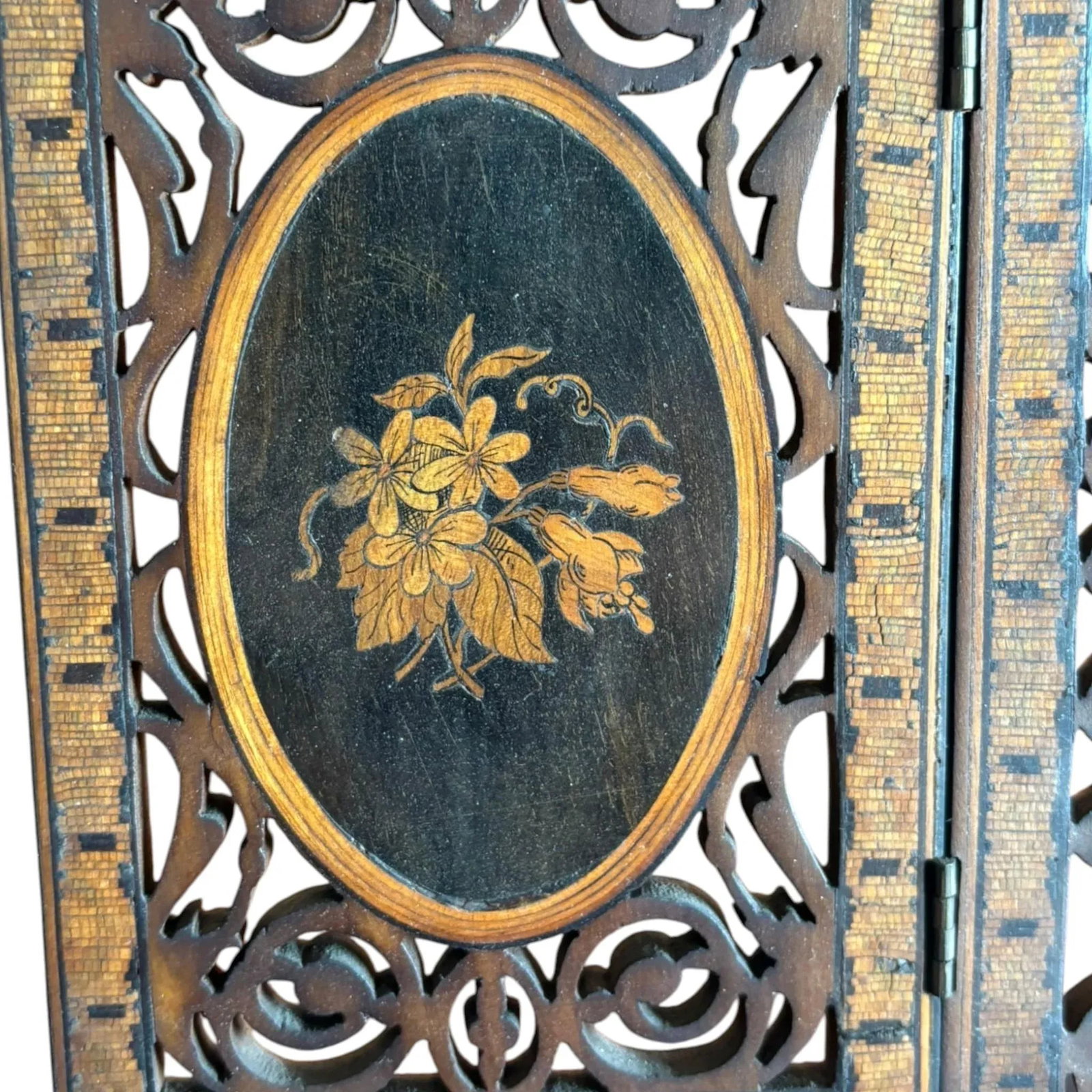 Antique Carved Inlaid Easel Back Triptych Folding Mirror - 3