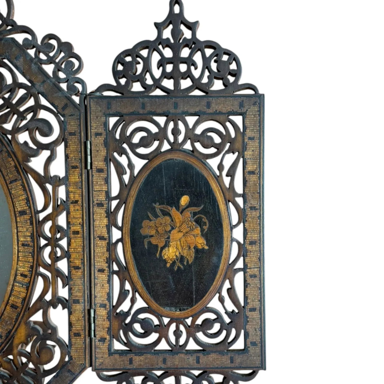 Antique Carved Inlaid Easel Back Triptych Folding Mirror - 5