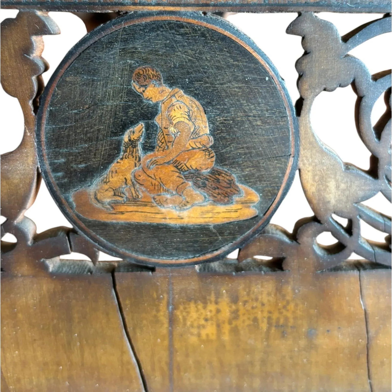 Antique Carved Inlaid Easel Back Triptych Folding Mirror - 7