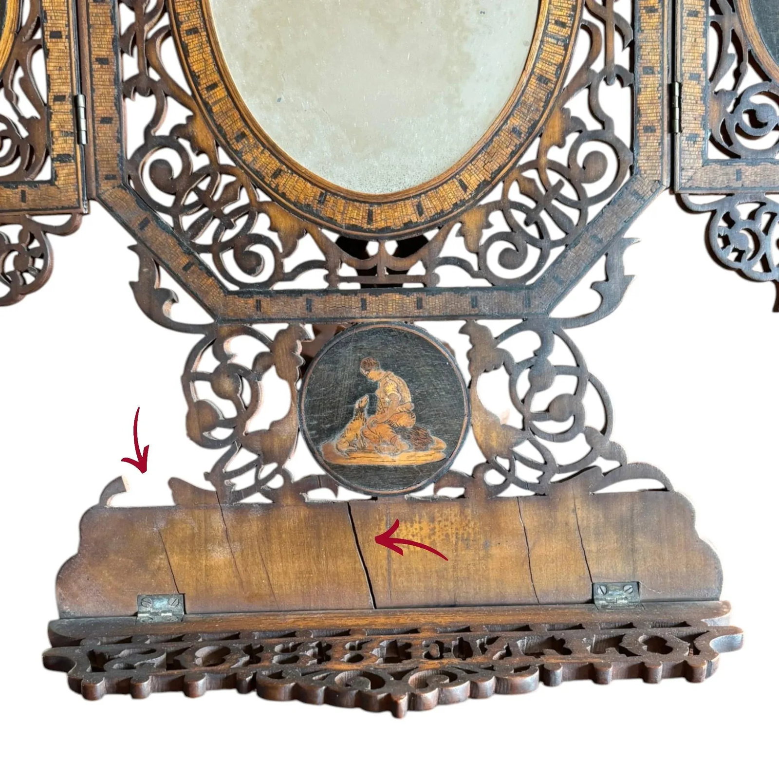 Antique Carved Inlaid Easel Back Triptych Folding Mirror - 8
