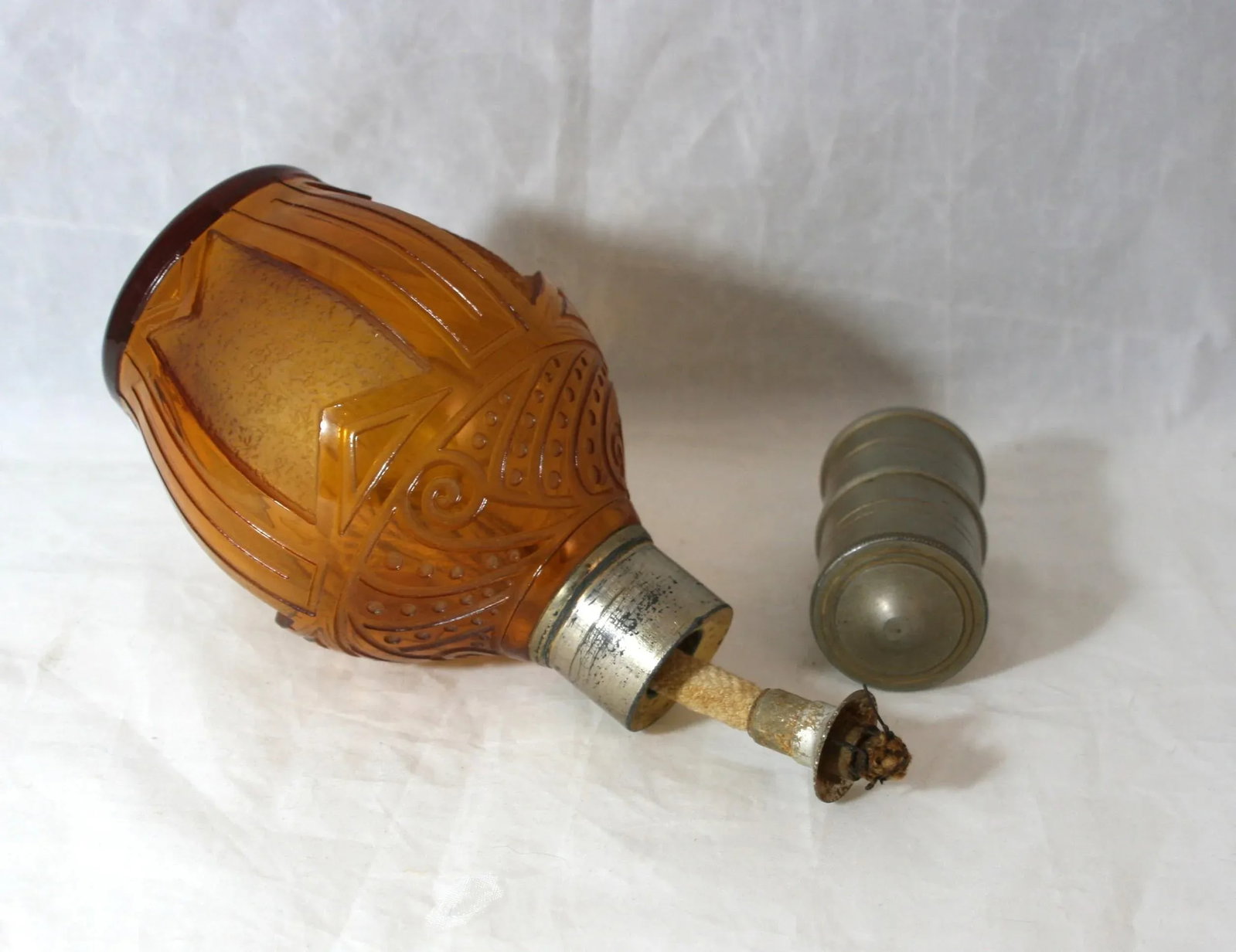 1920s Art Deco Cristaux d'Art St Louis France Amber Glass Hand Cut Crystal Perfume Lamp Bottle - 8