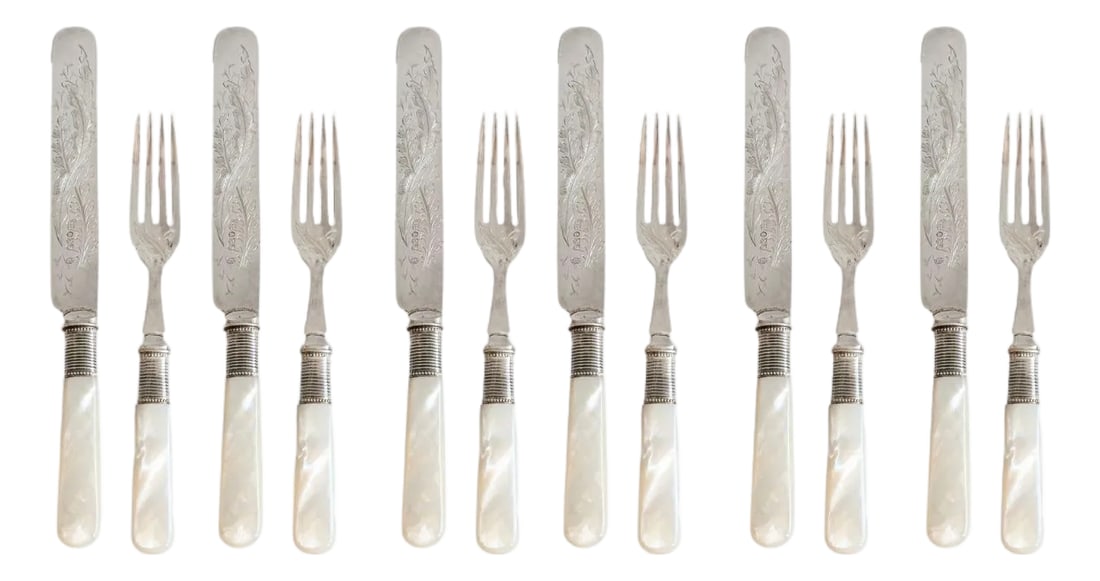 Antique Dinner Sized Pearl Handle Cutlery, Service for 6: This antique English service for six is pure Regency drama - hand-engraved silver-plated blades and tines, luminous mother-of-pearl handles, and hallmarked ferrules that practically beg to be noticed.