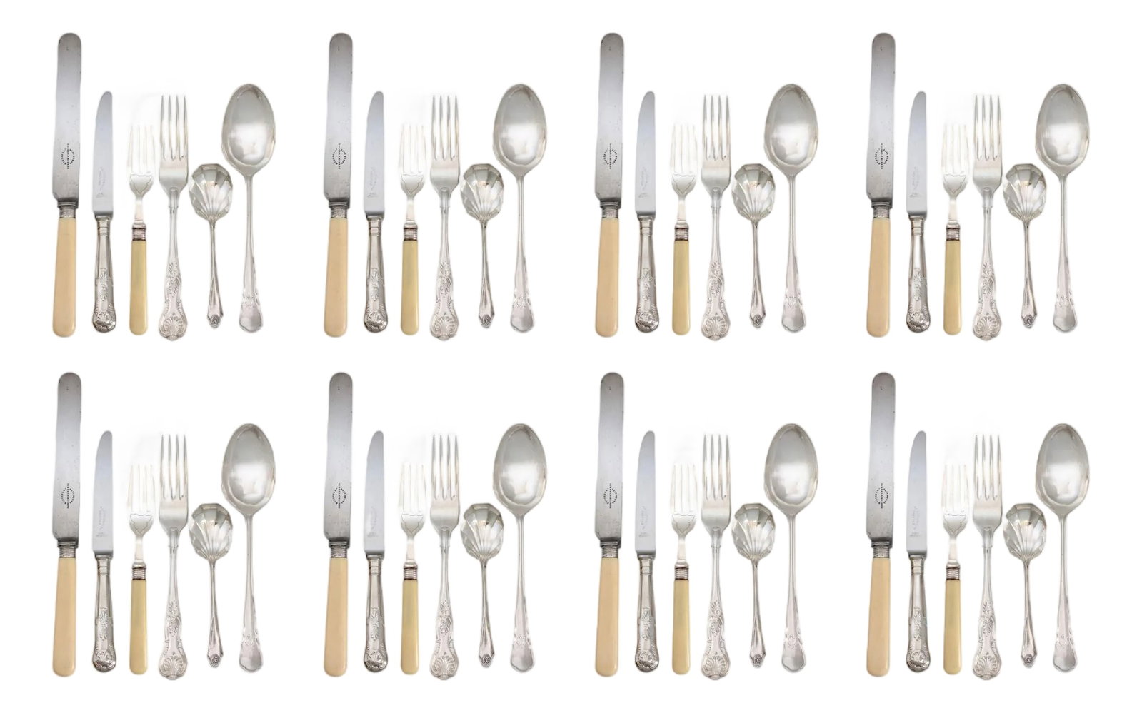 Early 1900s Mixed English Flatware Service for 8- 48 Pieces: A striking mixed English flatware service for 8, featuring an eclectic blend of antique and vintage pieces with beautifully complementary patterns. The set includes soup spoons and classic