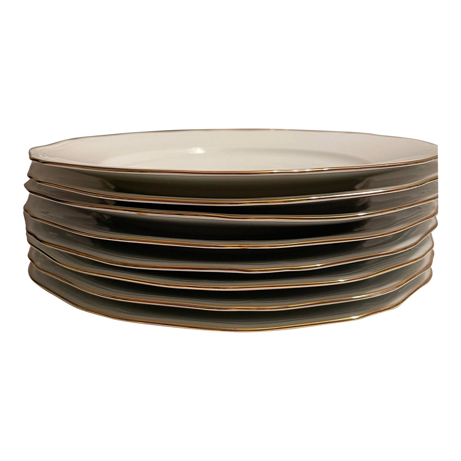 Late 20th Century Mikasa Gold Coin Dinner Plates - Set of 8: Set of 8 Dinner Plates. Description: All White, Embossed Line On Edge Pattern: Gold Coin by Mikasa Status: Discontinued. Period: 1985 - 1985 These pieces are part of the Mikasa "Gold Coin" pattern, wh