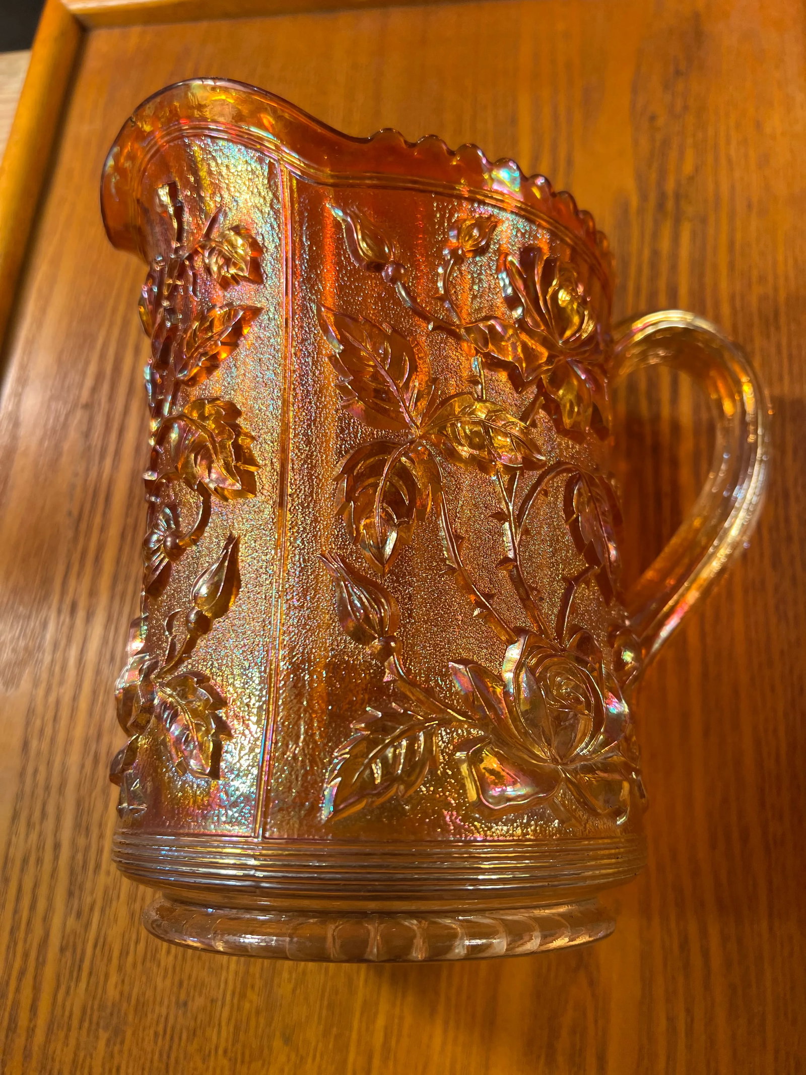 1930s Amber Carnival Glass Pitcher Marigold Rose by Imperial Glass Company - 2
