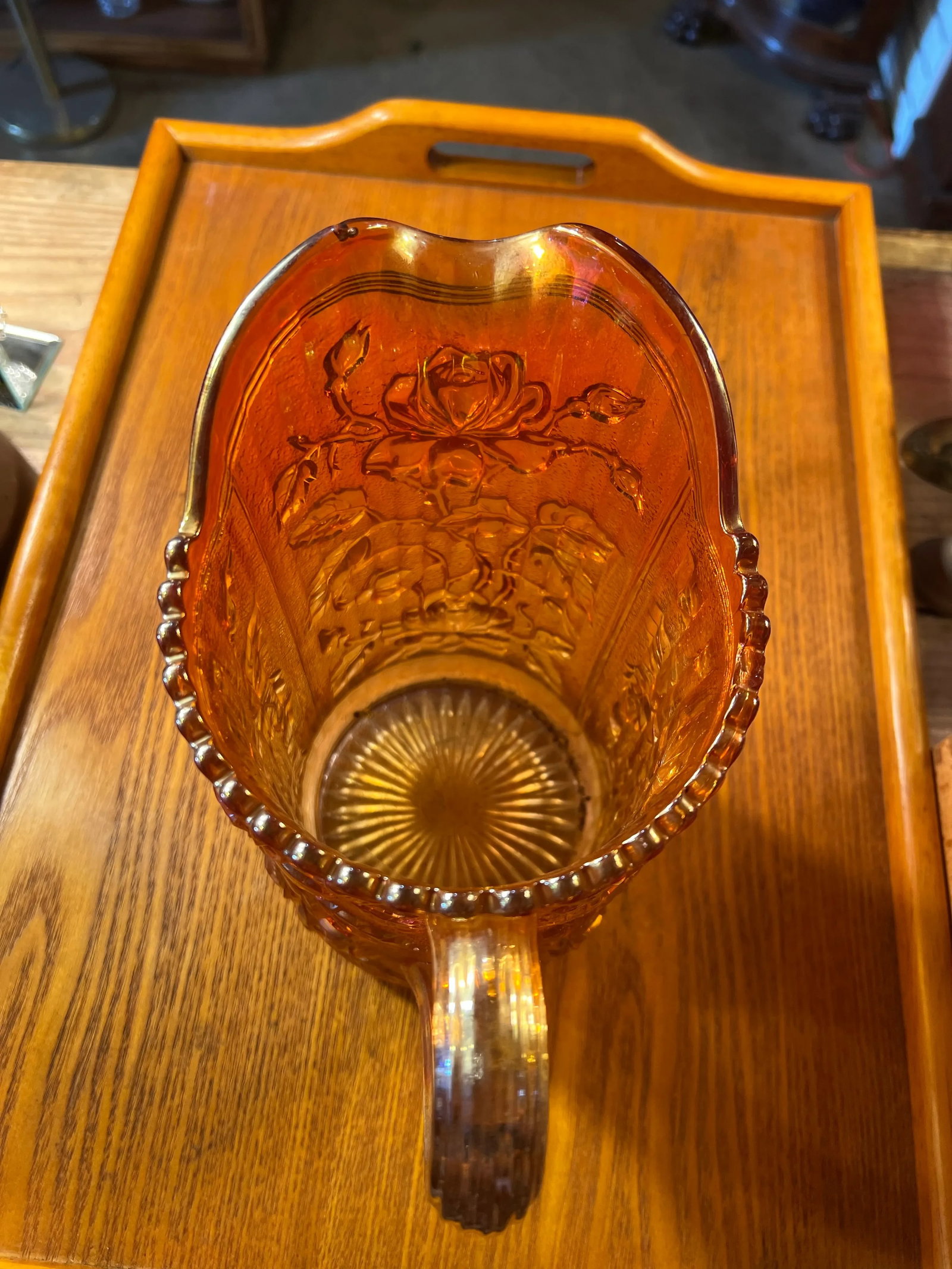 1930s Amber Carnival Glass Pitcher Marigold Rose by Imperial Glass Company - 3