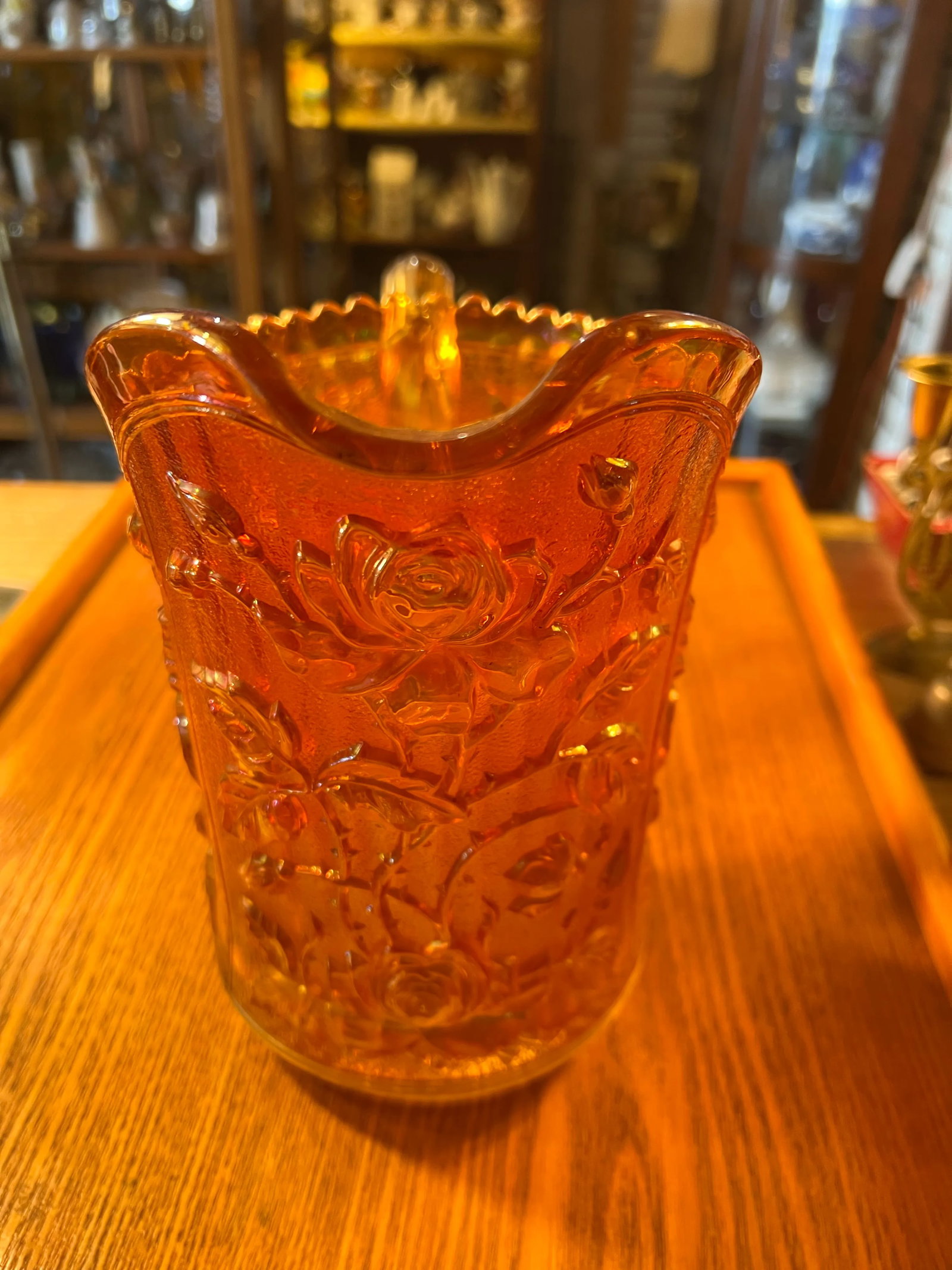 1930s Amber Carnival Glass Pitcher Marigold Rose by Imperial Glass Company - 4