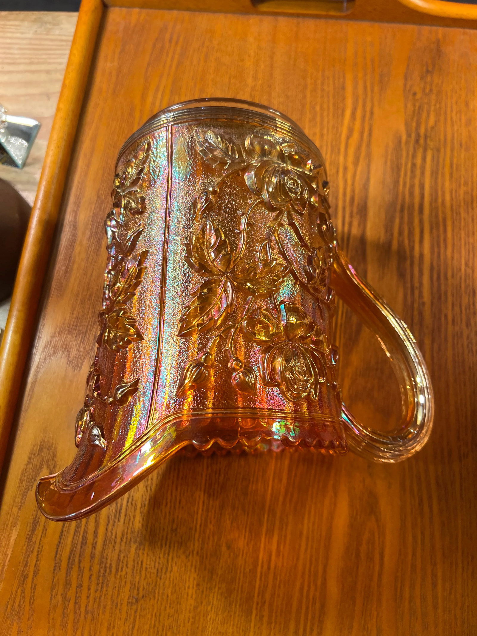 1930s Amber Carnival Glass Pitcher Marigold Rose by Imperial Glass Company - 5