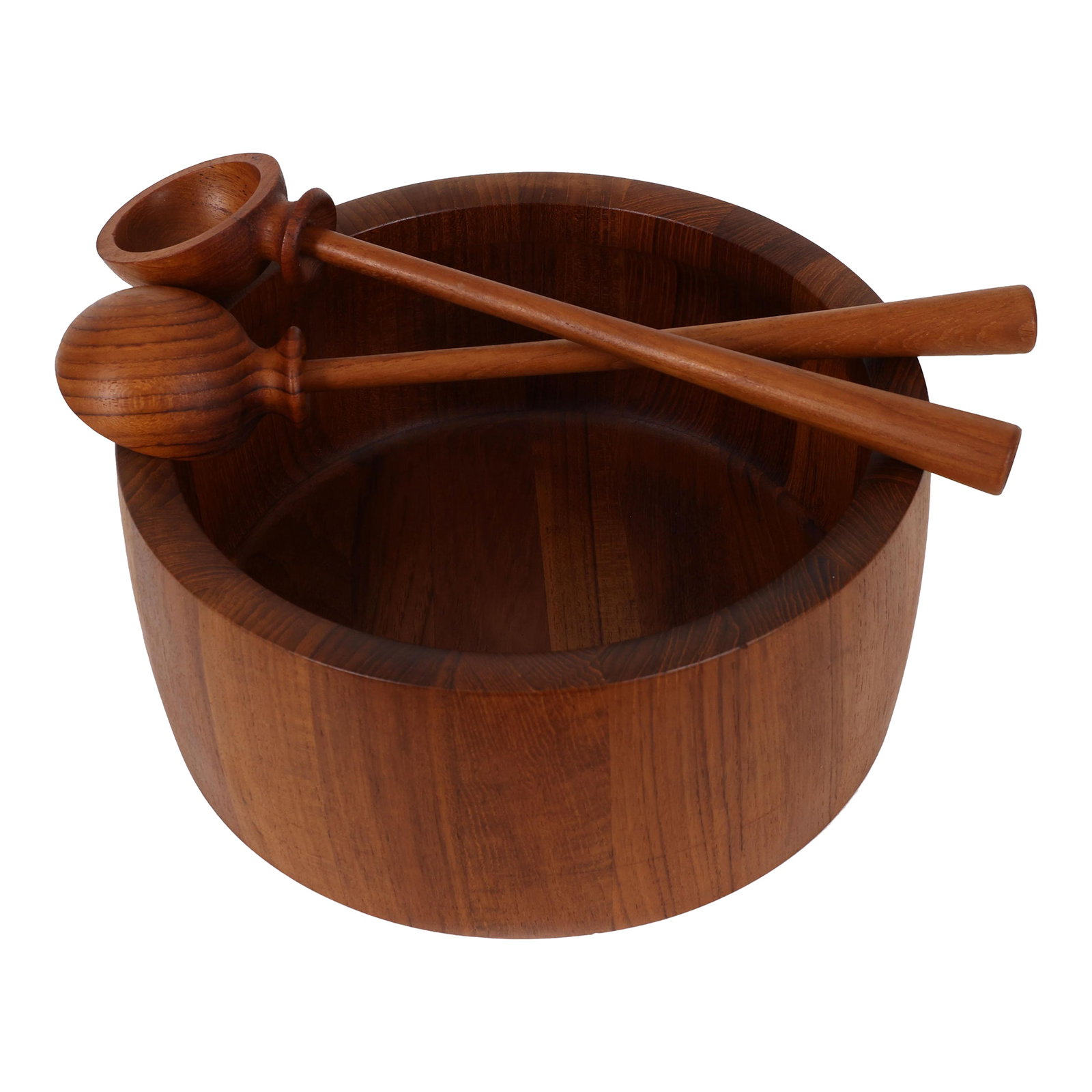 Richard Nissen Danish Modern Staved Teak Salad Bowl With Servers: This teak salad bowl with matching servers was designed by Richard Nissen of Denmark, celebrated for his refined approach to woodwork and functional design. Hand-turned from staved teak, the bowl
