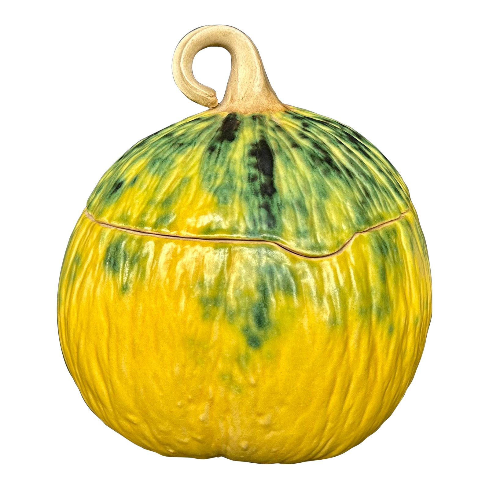 Patricia Garrett Studio Art Pottery Pumpkin Gourd Tureen: Handmade in 1995 by Patricia Garrett in her Berkeley, California studio, this pumpkin gourd tureen is a beautiful example of trompe l'oeil art pottery. The pottery vegetable tureen would make a