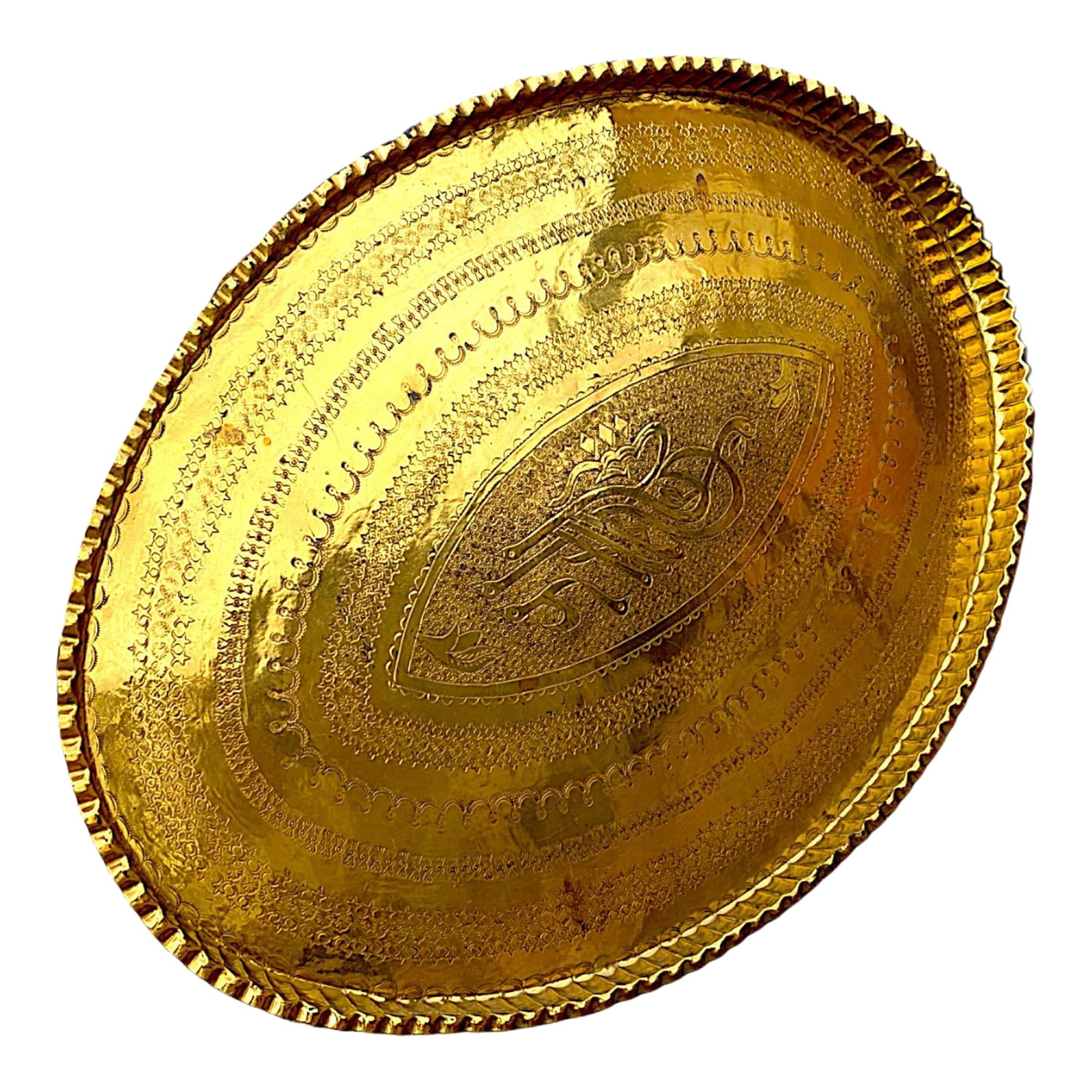 1940s Large Oval Islamic Art Handcrafted Etched Polished Brass Tray: 1940s Islamic / Morroccan Oriental brass oval tray, handcrafted, hammered and chased with intricate designs and Arabic writing. Used as tea tray and even as art when hung on the wall. The tray is made