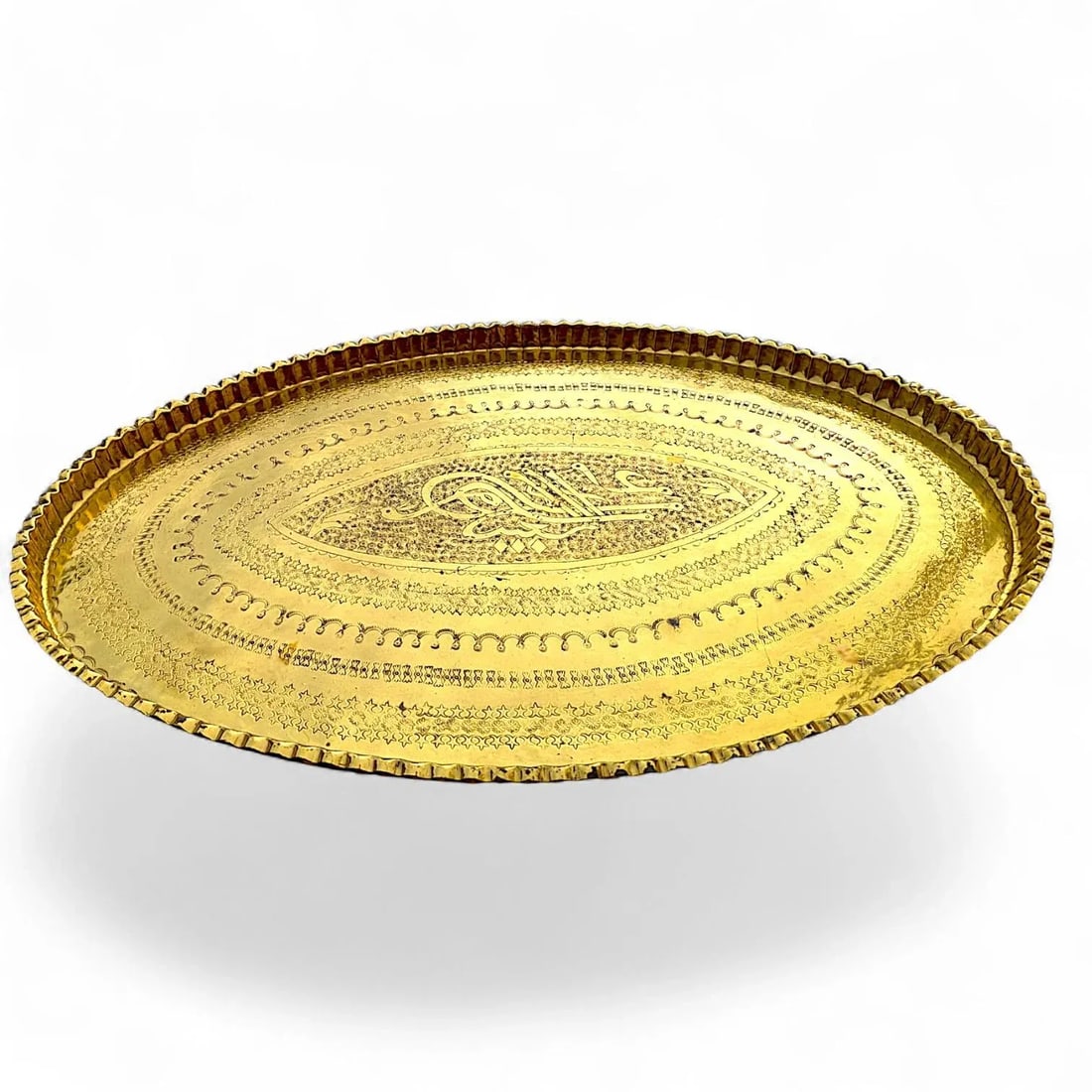 1940s Large Oval Islamic Art Handcrafted Etched Polished Brass Tray - 3