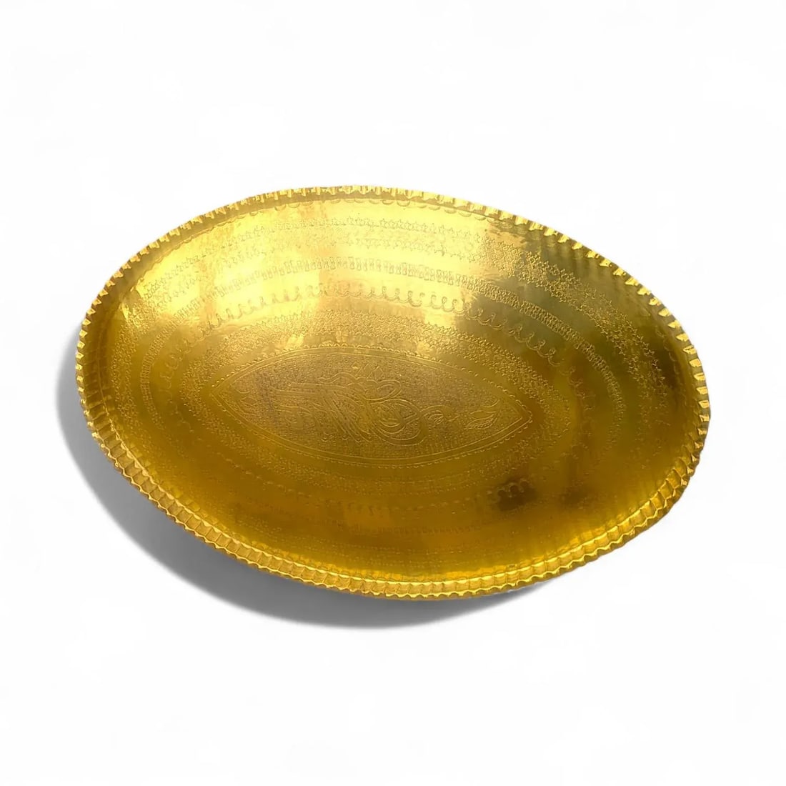 1940s Large Oval Islamic Art Handcrafted Etched Polished Brass Tray - 6