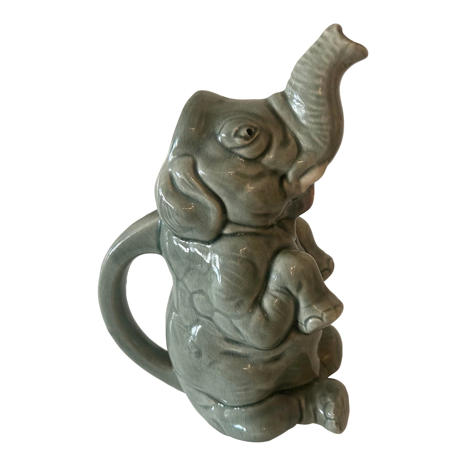Early 1900s Elephant Slush Pitcher, Made in France: Wonderful French majolica barbotine 'pitcher. Marked on bottom "made in France" with letters/numbers etched into mould. It appears to be a later Sarreguimes piece. The color of the glaze and detail