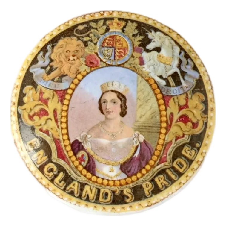Mid 19th Century Queen Victoria Prattware Pot W/ Lid: Victorian Prattware pot and lid featuring a boldly colored transfer print of Queen Victoria titled England's Pride. Made circa 1850, these ceramic pots once held ointments or pomade and were prized