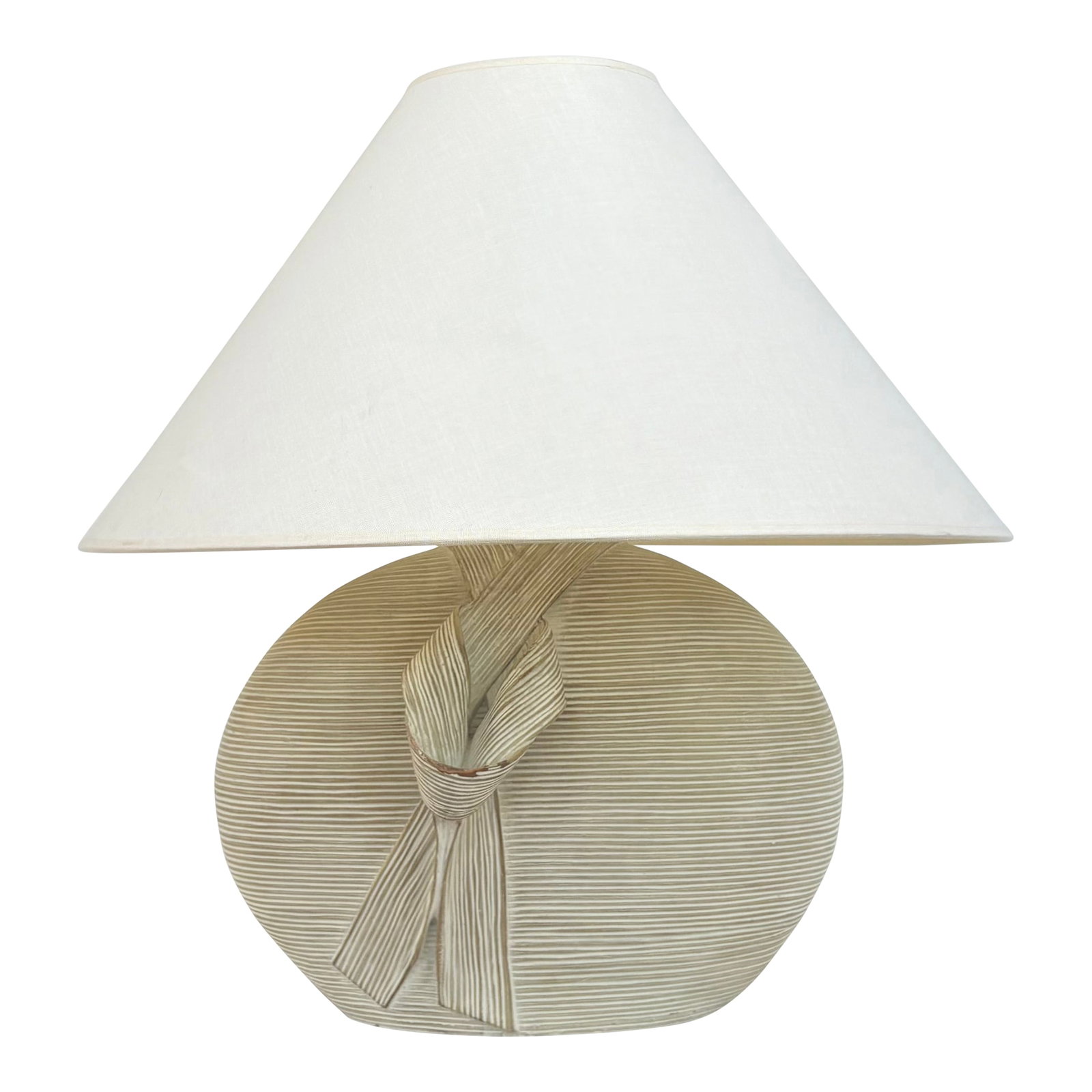 1980's Draped Ribbon Sculptural Plaster Table Lamp: Just fabulous! The draped ribbon motif on the front of this organic modern sculptural plaster table lamp lends it a fluidity and touch of romance. Finished in a matte beige with touches of white the