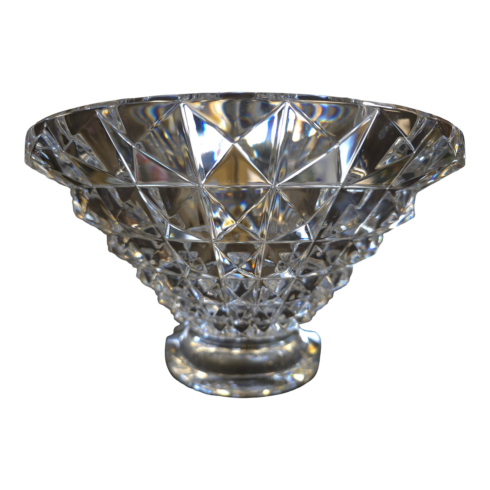 Late 20th Century Pyramid Crystal Bowl: A substantial crystal vase featuring a stud like pyramid pattern all along it. Perfect for an extravagant floral arrangement as it is very heavy and makes quite a profound statement on it's own.