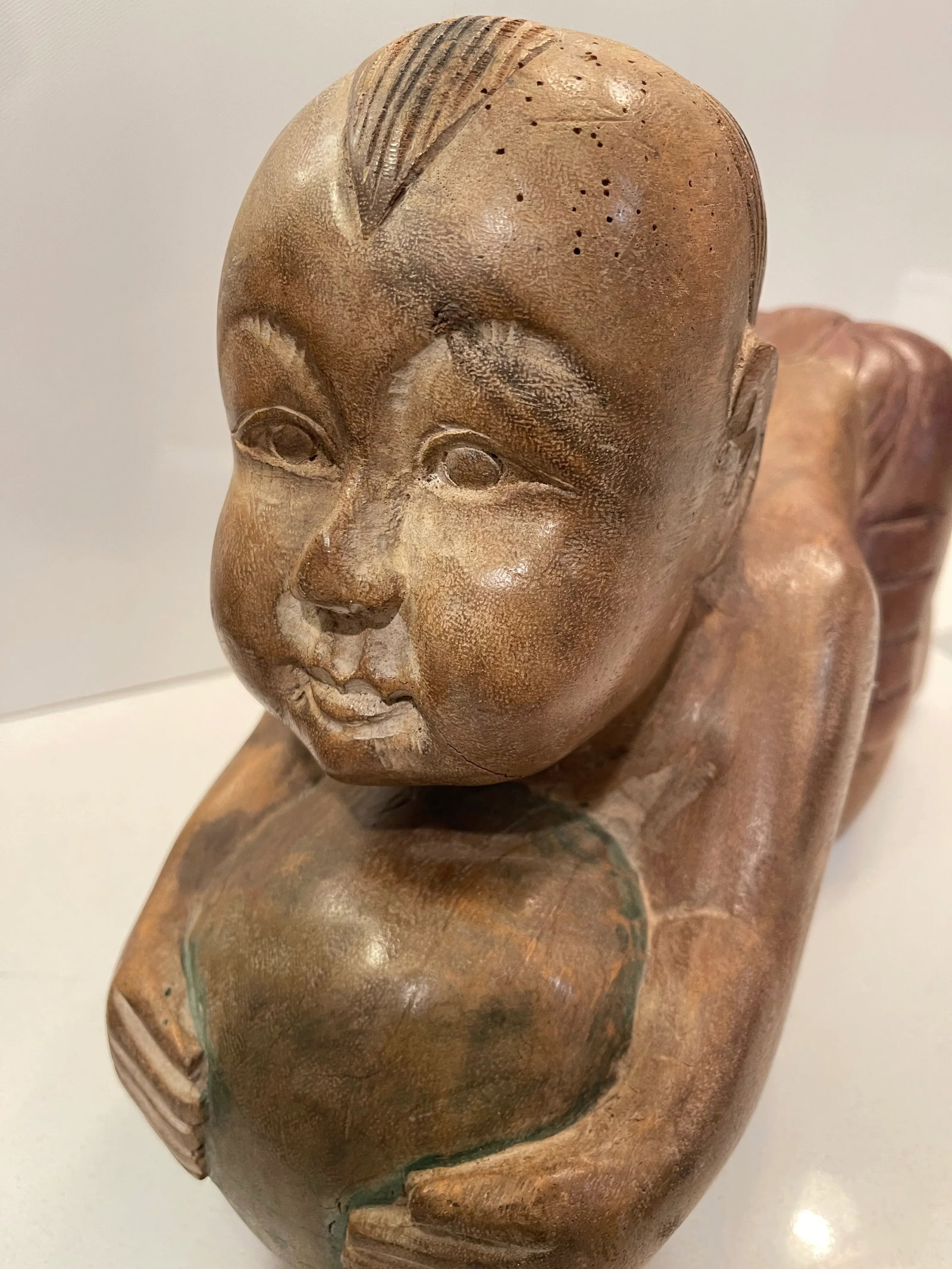 Antique Chinese Opium Pillow (Wooden Statue of Baby Buddha), Imperfect Wood - 10