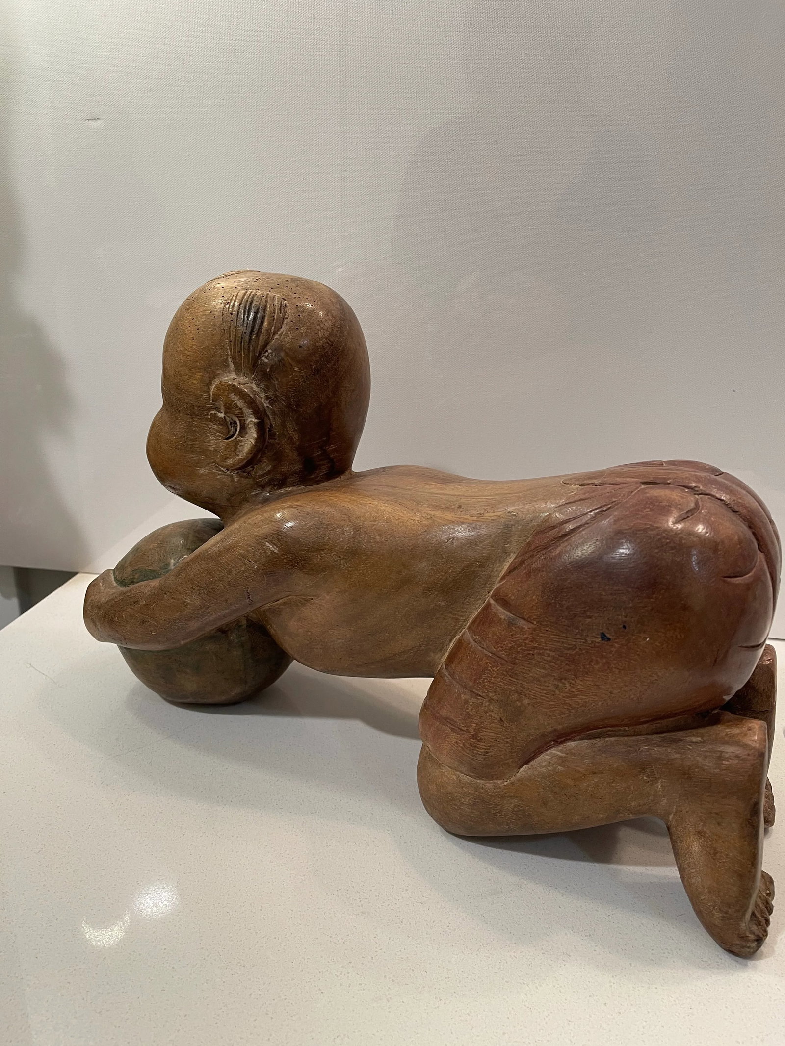 Antique Chinese Opium Pillow (Wooden Statue of Baby Buddha), Imperfect Wood - 11