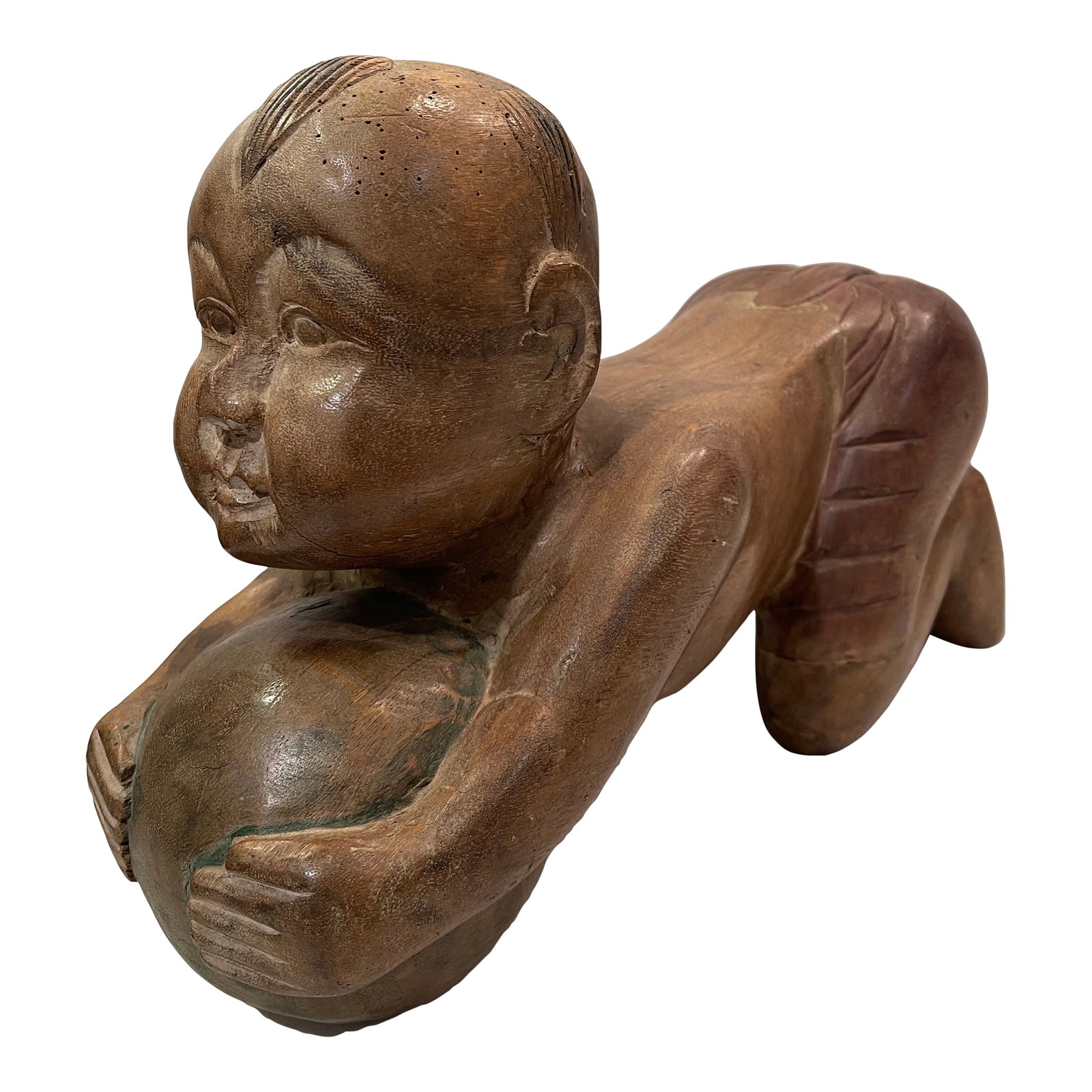 Antique Chinese Opium Pillow (Wooden Statue of Baby Buddha), Imperfect Wood: This hand-carved wooden sculpture is often referred to as a "Baby Buddha" or a "Lucky Thai Baby Buddha," and sometimes as an "Opium Pillow Baby" due to its potential use as a headrest in Chinese