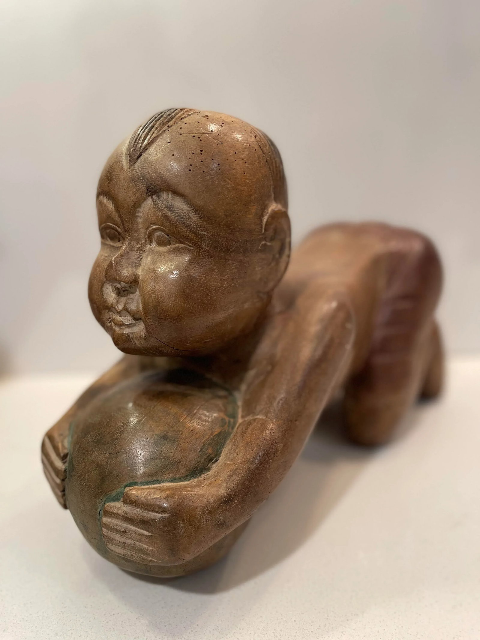 Antique Chinese Opium Pillow (Wooden Statue of Baby Buddha), Imperfect Wood - 2