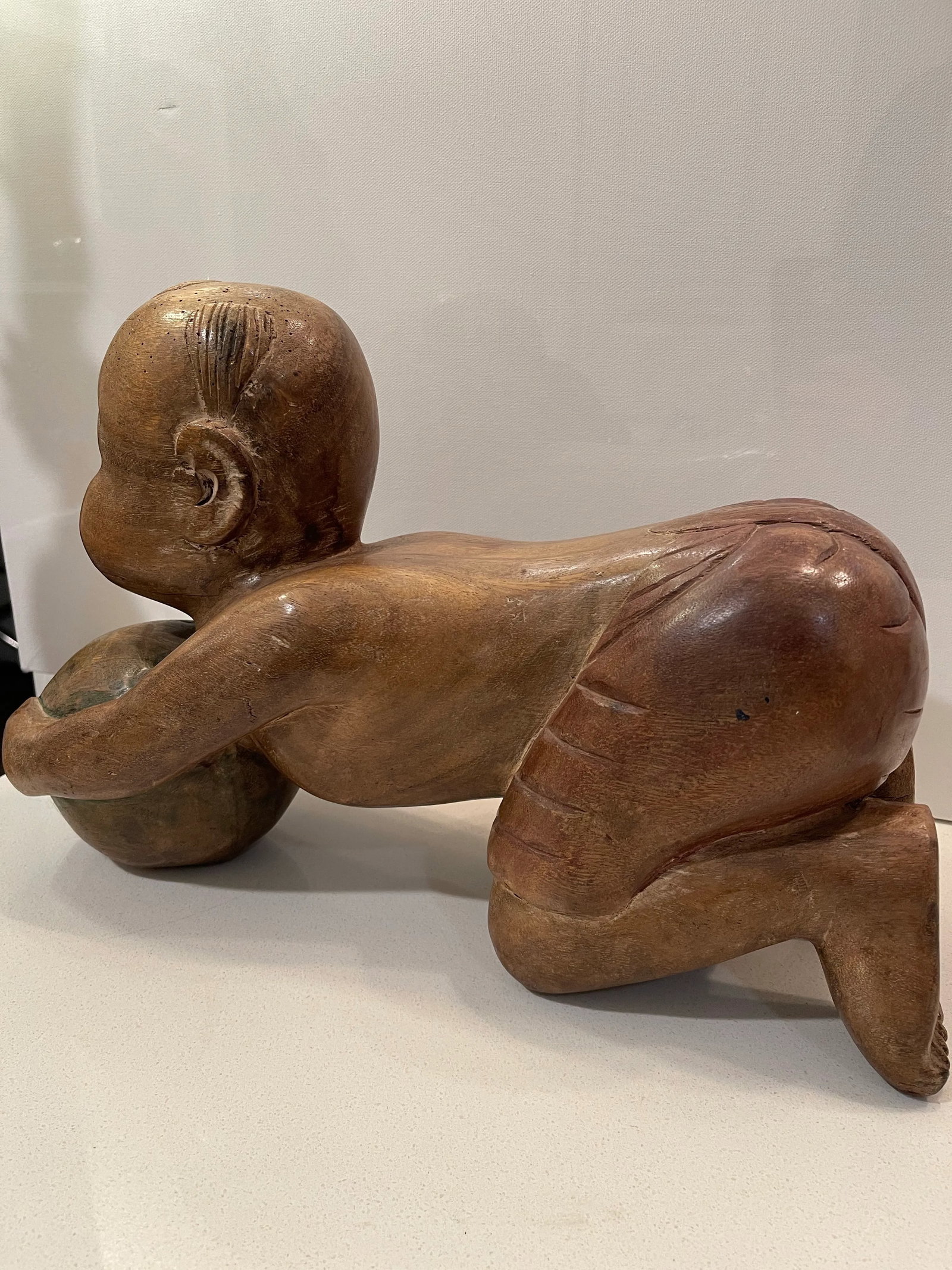 Antique Chinese Opium Pillow (Wooden Statue of Baby Buddha), Imperfect Wood - 3