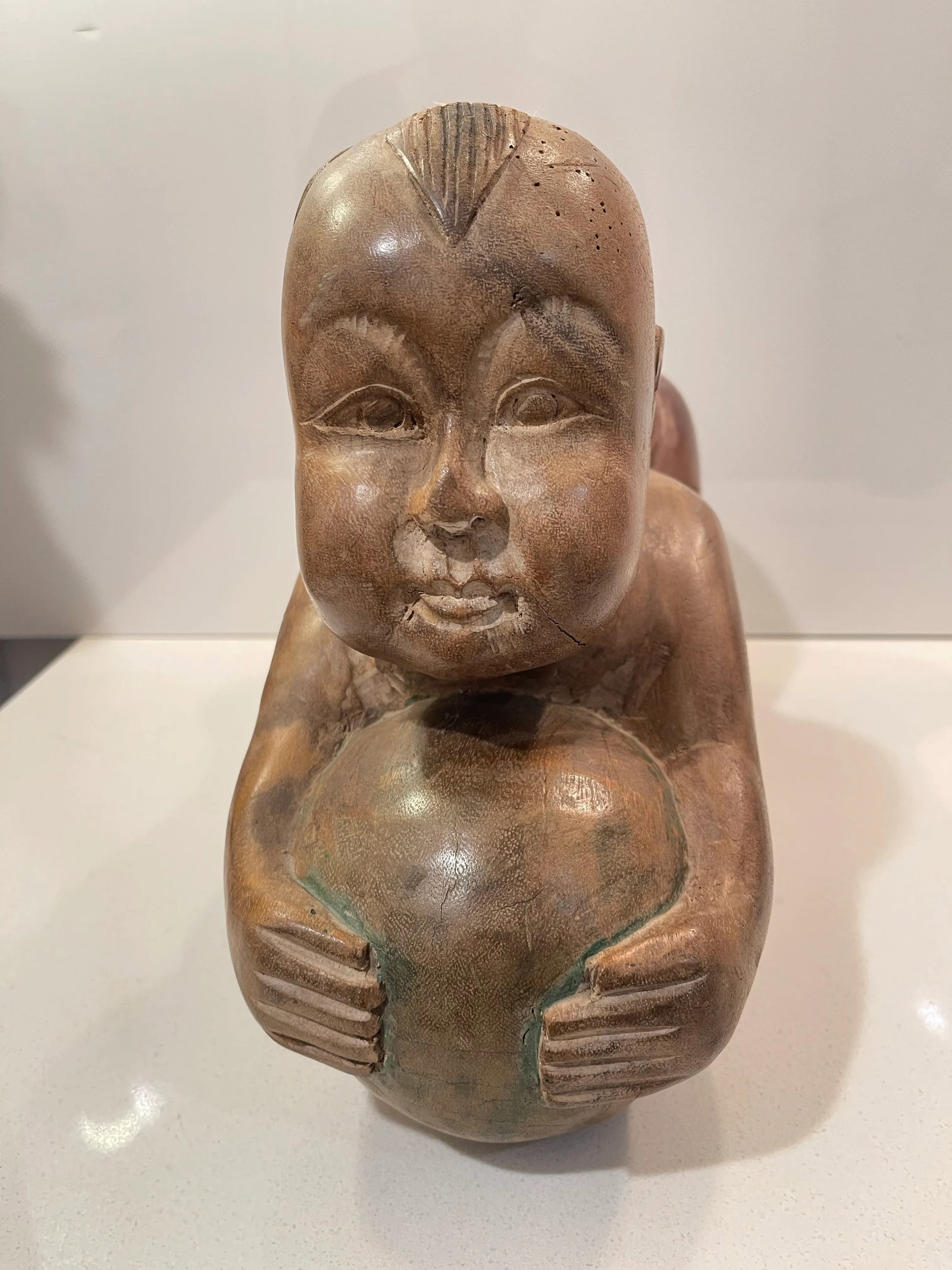 Antique Chinese Opium Pillow (Wooden Statue of Baby Buddha), Imperfect Wood - 4