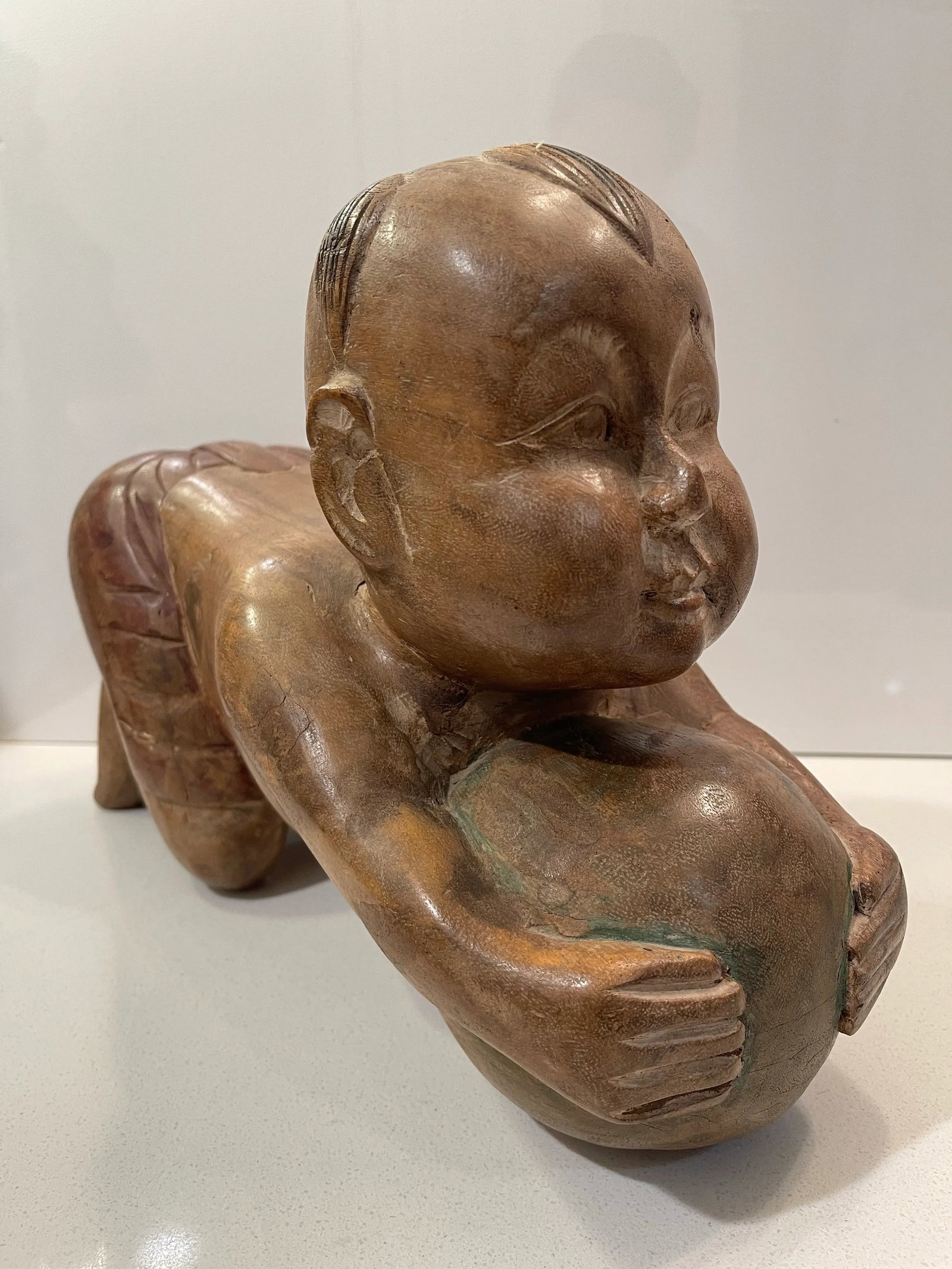 Antique Chinese Opium Pillow (Wooden Statue of Baby Buddha), Imperfect Wood - 5