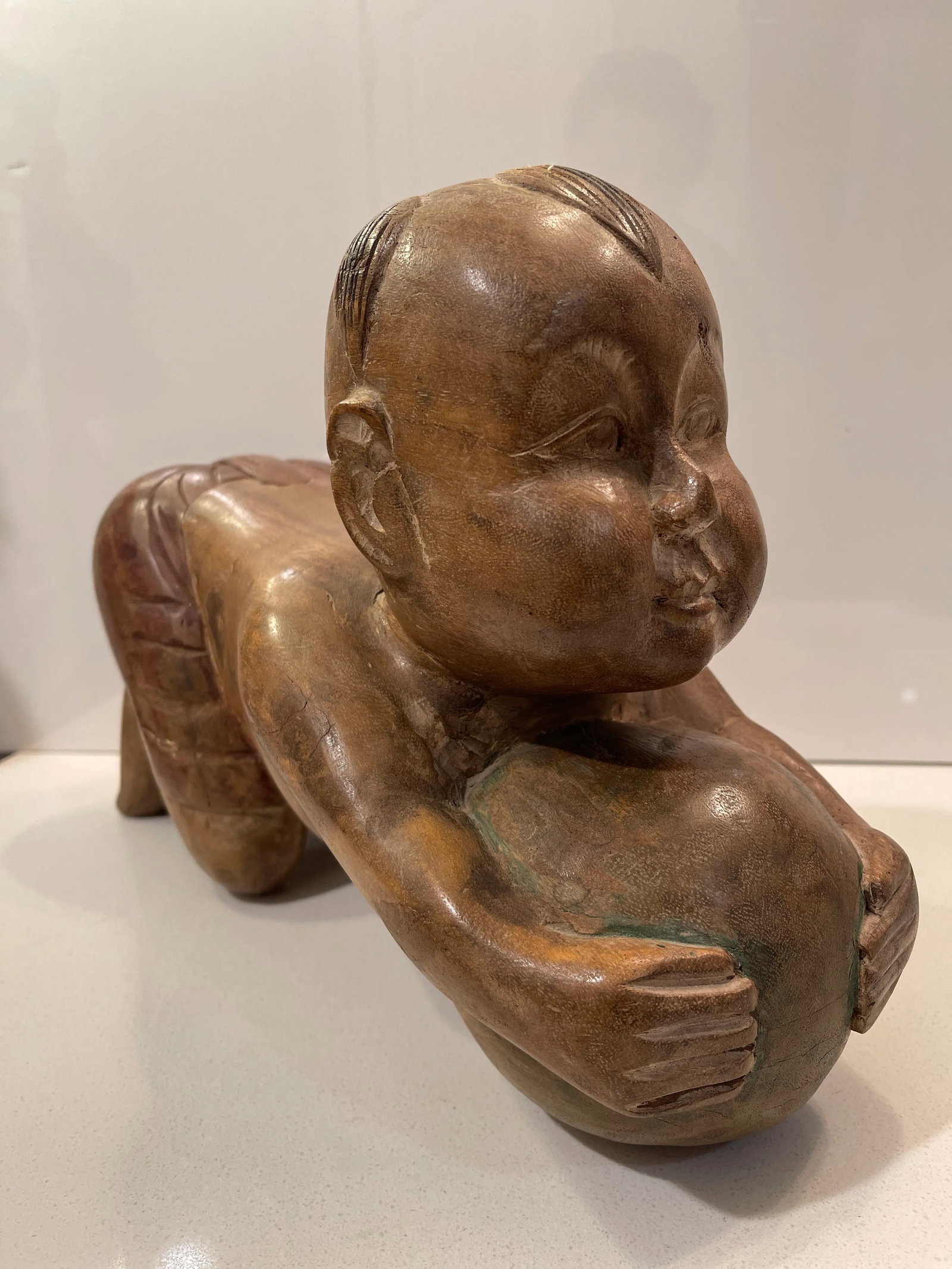 Antique Chinese Opium Pillow (Wooden Statue of Baby Buddha), Imperfect Wood - 6
