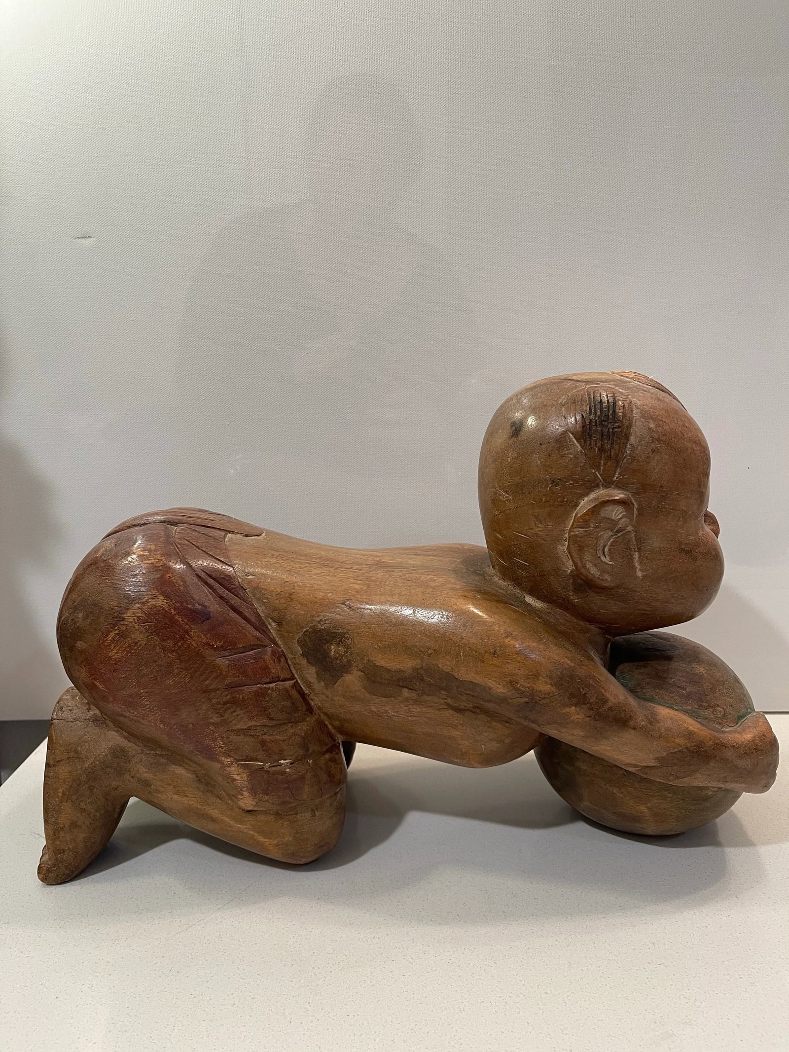 Antique Chinese Opium Pillow (Wooden Statue of Baby Buddha), Imperfect Wood - 9
