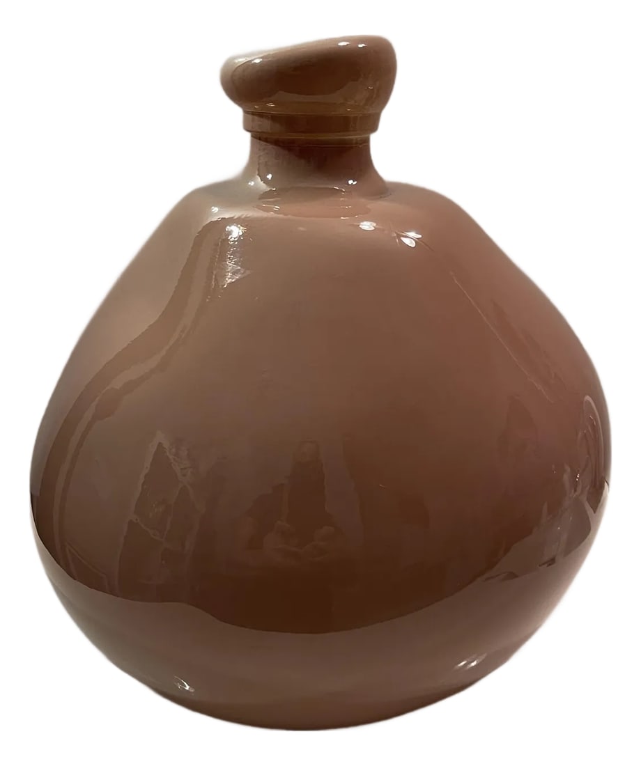 Mauve Ovular Glass Vase, Handmade of Recycled Glass, Spain: This is a uniquely oblong, ovular shaped glass vase from Spain. Handmade from recycled glass. Therefore, there are minor hints of blue and clear hues of glass along top spout and underneath. The