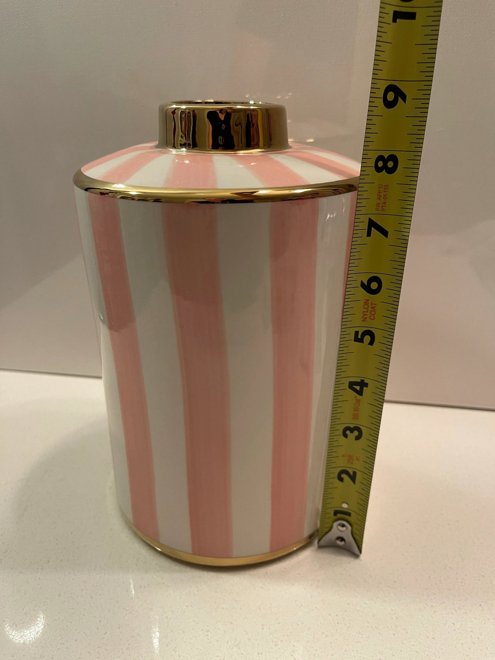 Pink & White Striped Vase With Gold Trim - 11