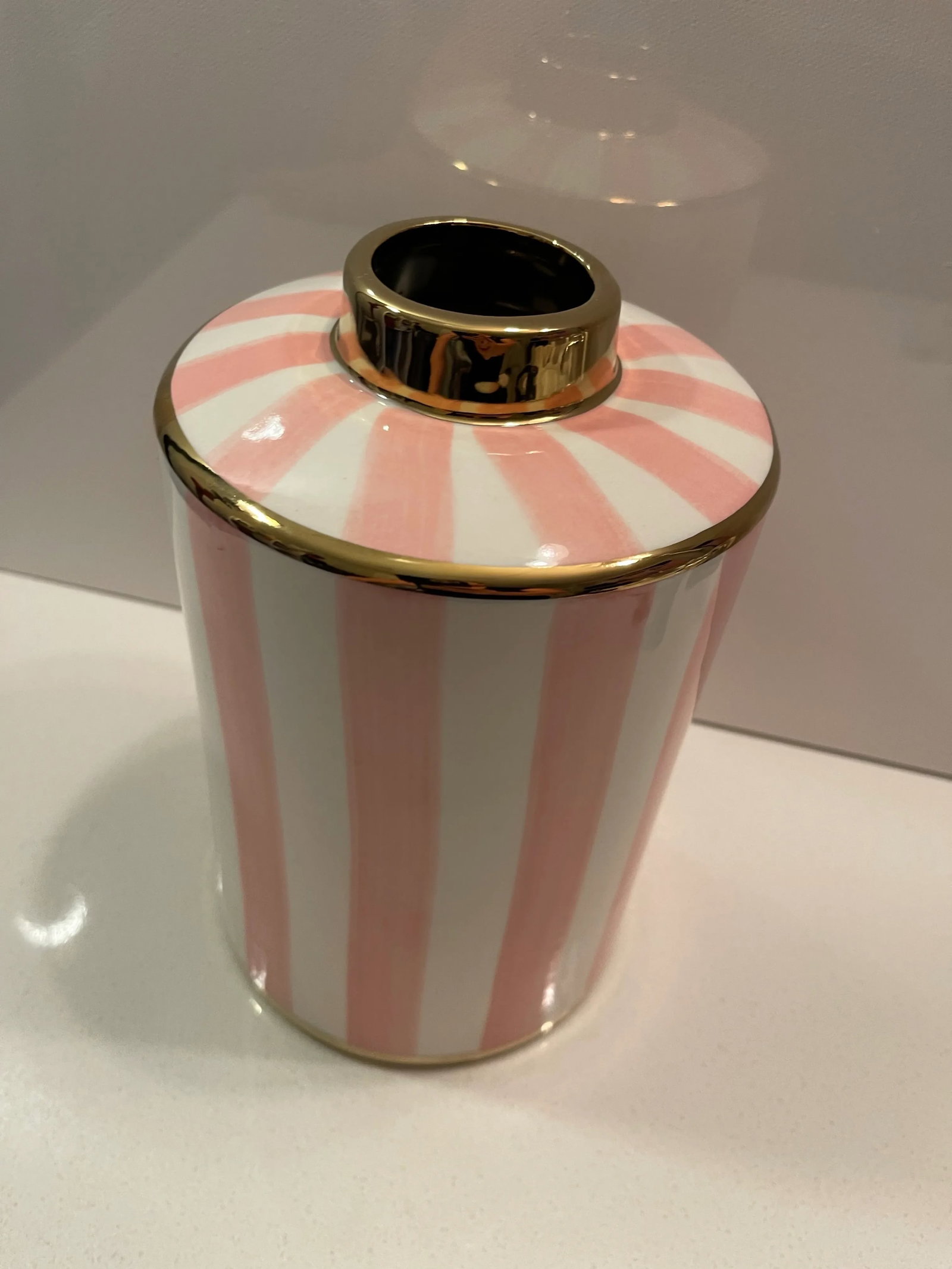 Pink & White Striped Vase With Gold Trim - 12