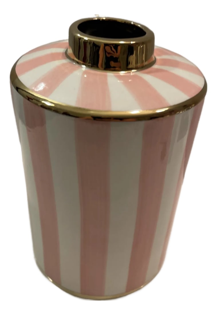 Pink & White Striped Vase With Gold Trim: This is a gorgeous large pink and white striped vase, with large gold trimming, unmarked. The underneath is also a really lovely gold. This is achieved with enamel. This is a beautiful retro design,