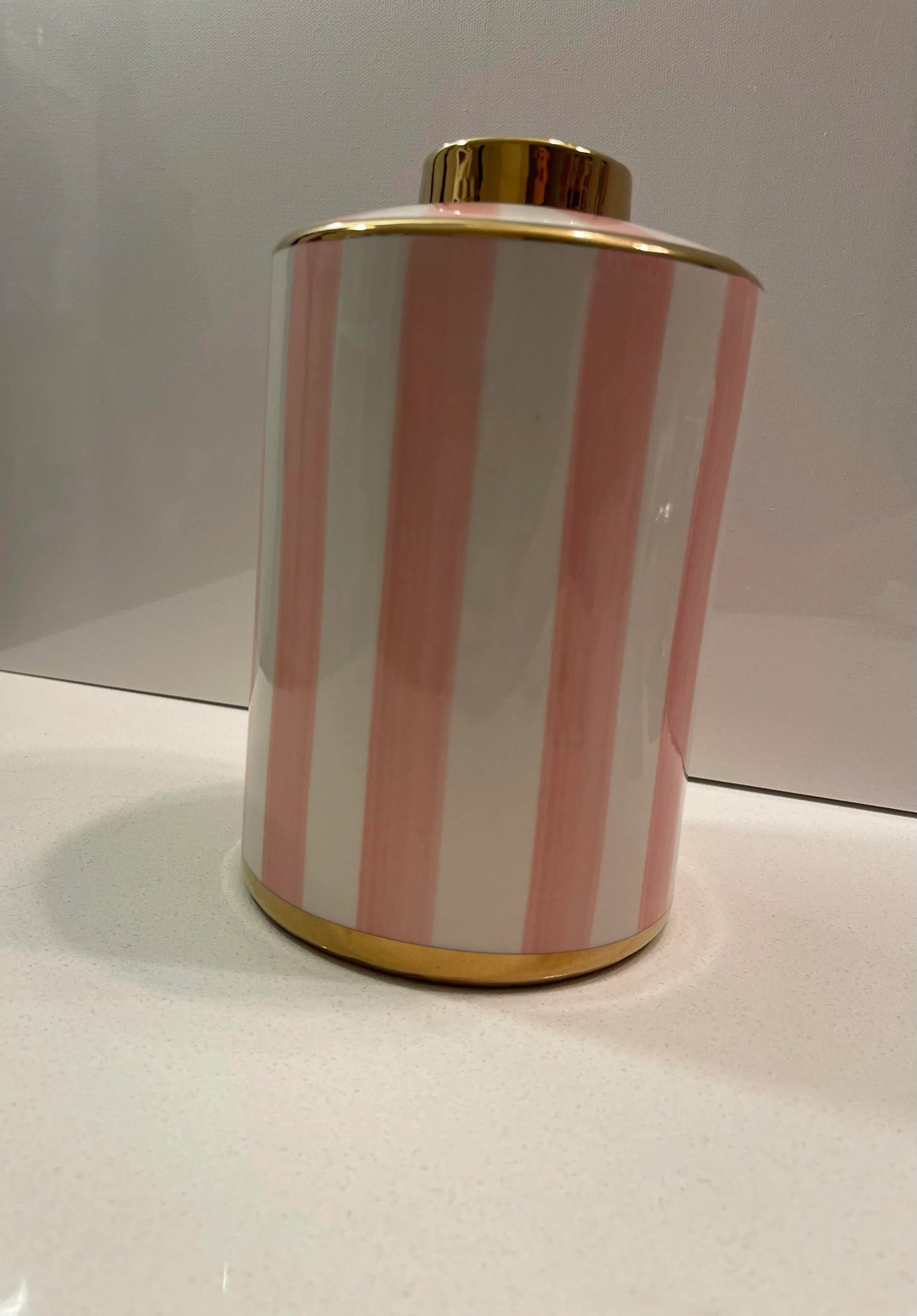 Pink & White Striped Vase With Gold Trim - 2