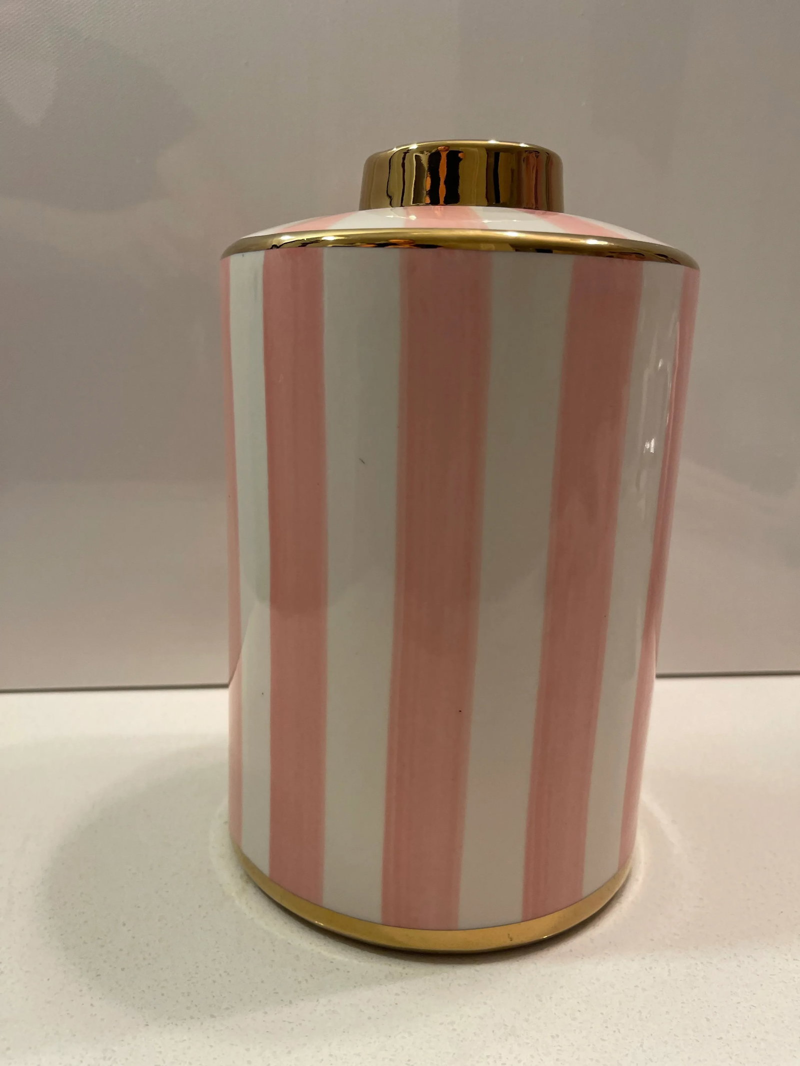 Pink & White Striped Vase With Gold Trim - 3