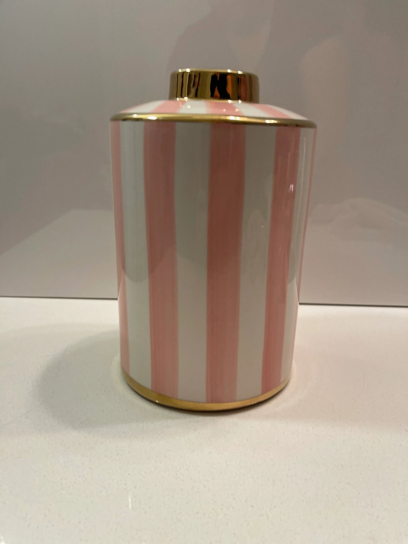 Pink & White Striped Vase With Gold Trim - 4