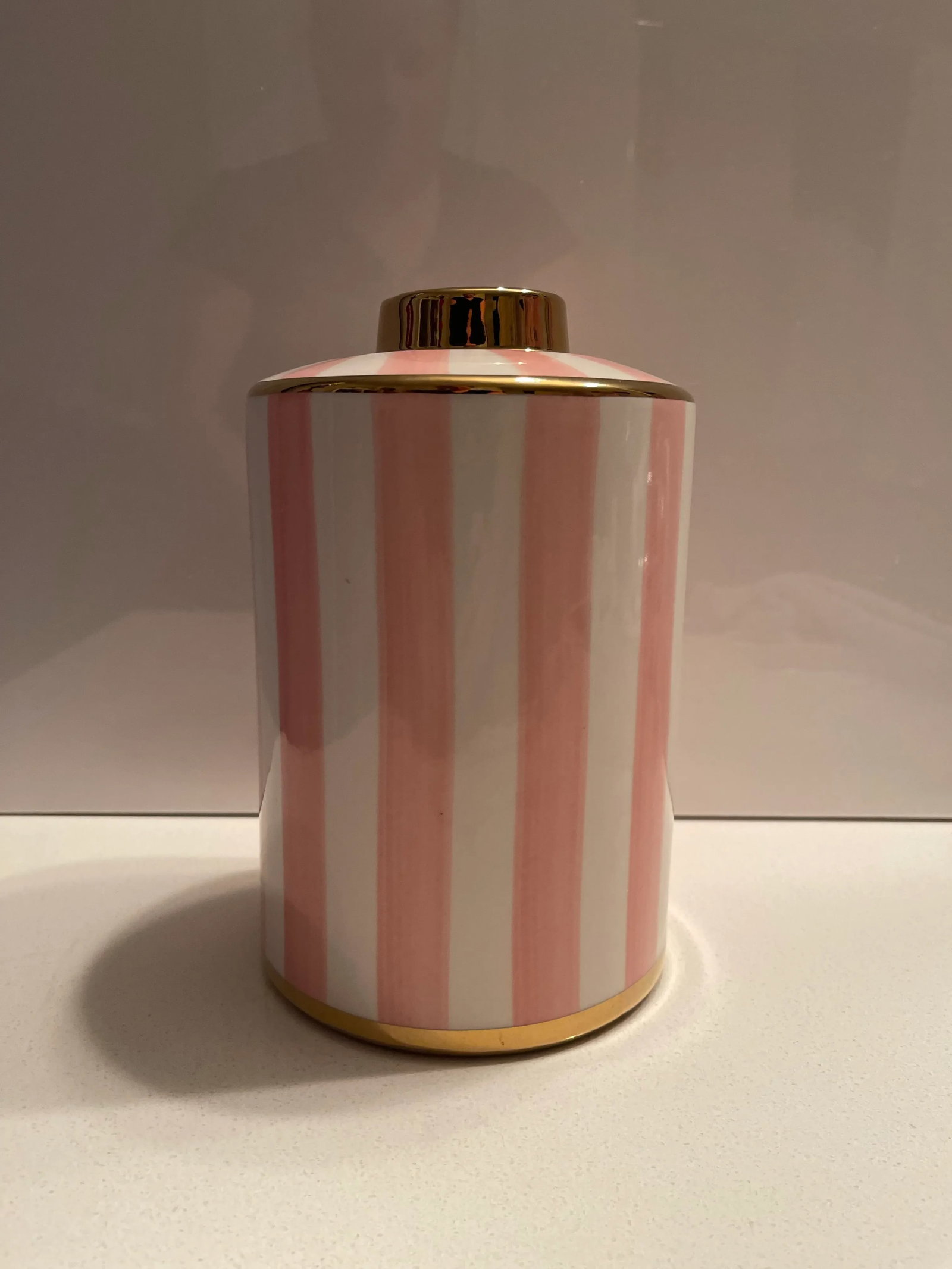 Pink & White Striped Vase With Gold Trim - 5