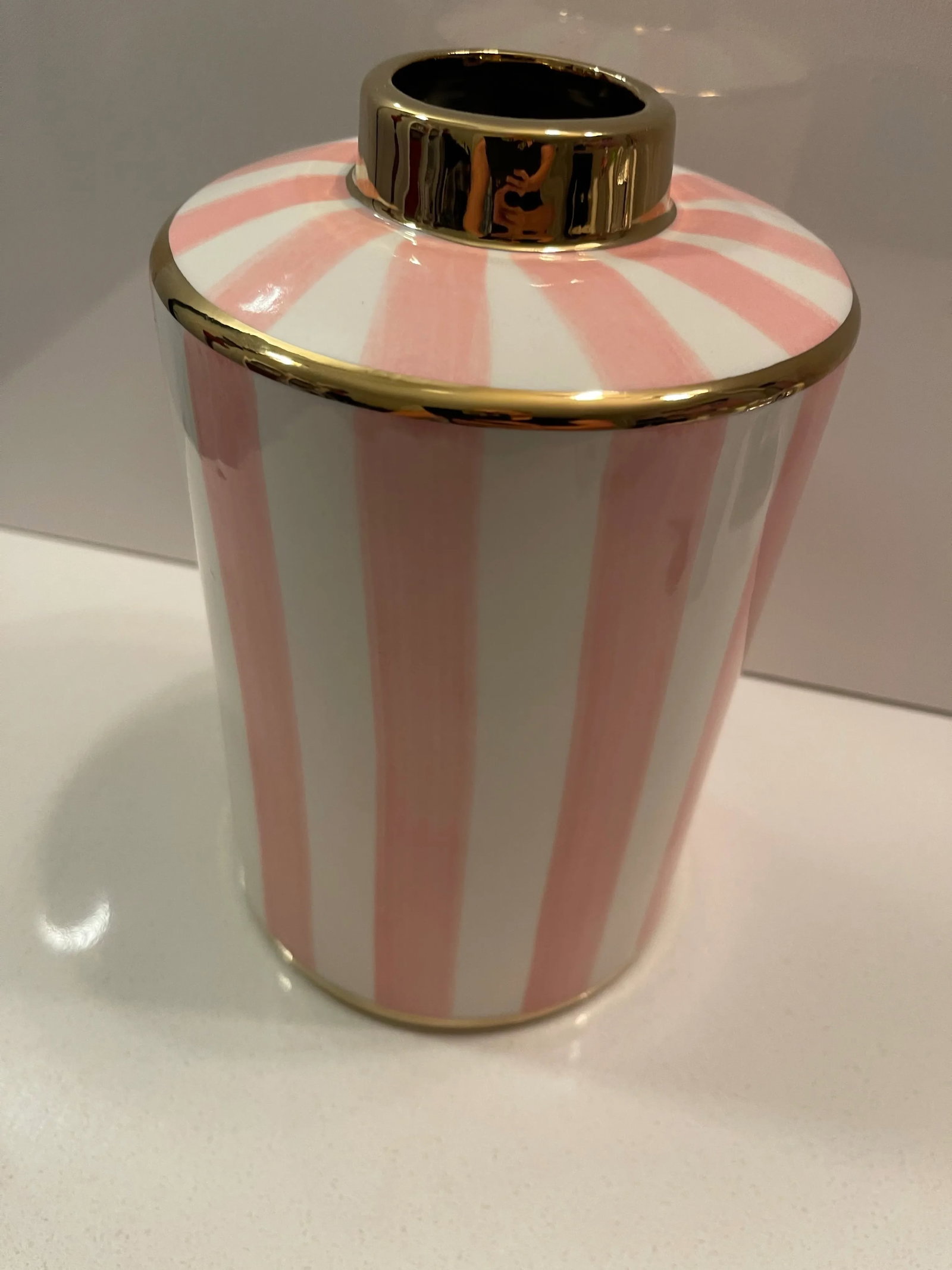 Pink & White Striped Vase With Gold Trim - 6