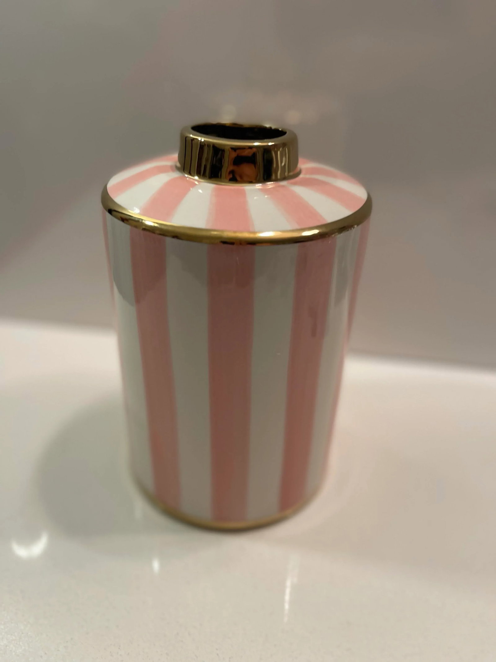 Pink & White Striped Vase With Gold Trim - 7
