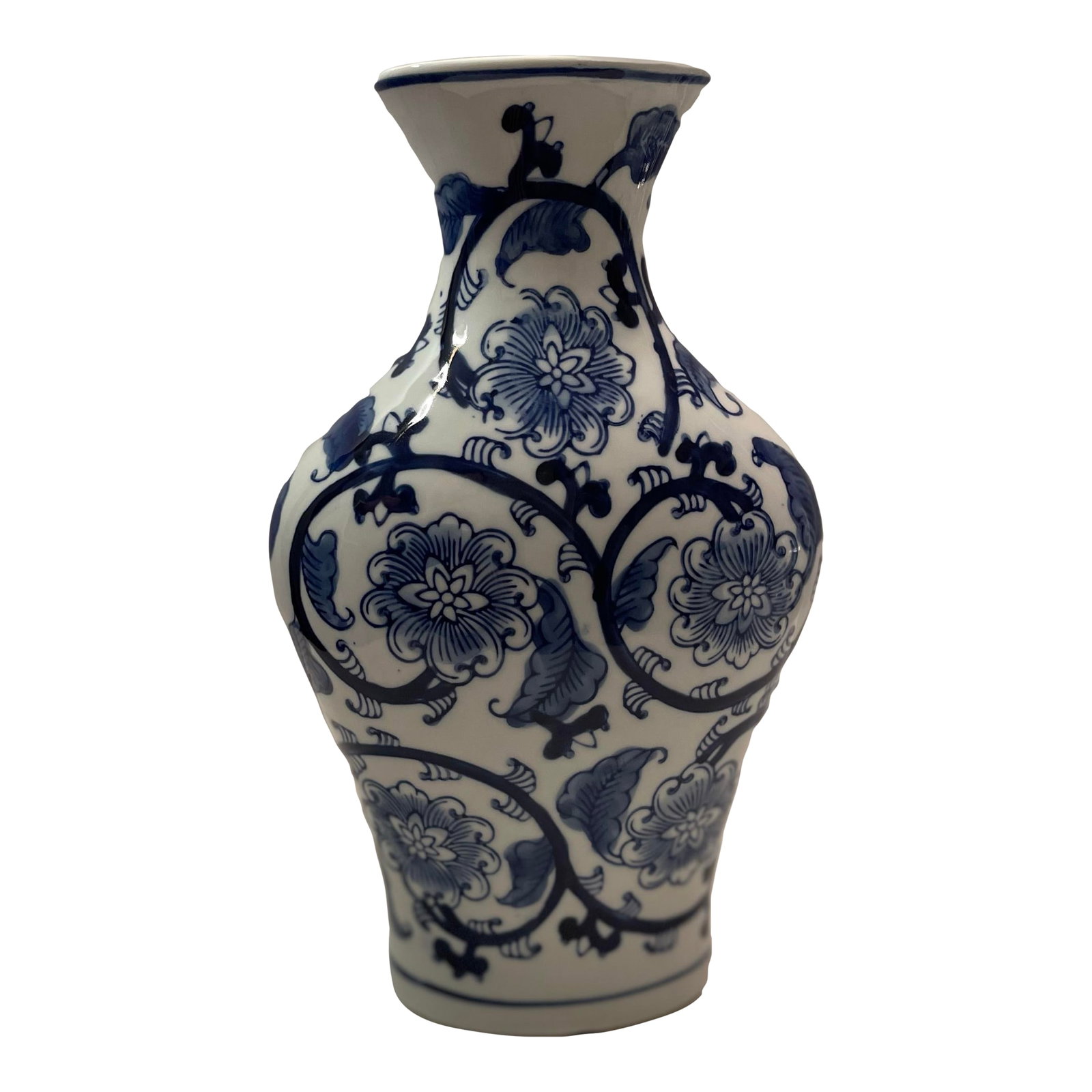 Late 20th Century Chinese Blue & White Floral and Leaf Ceramic Vase: This is a lovely and dainty blue and white Chinese vase. It is in excellent condition. The theme is garden and flowers, with varyings shades of blue coloring amongst the vine-like leaves. This is a