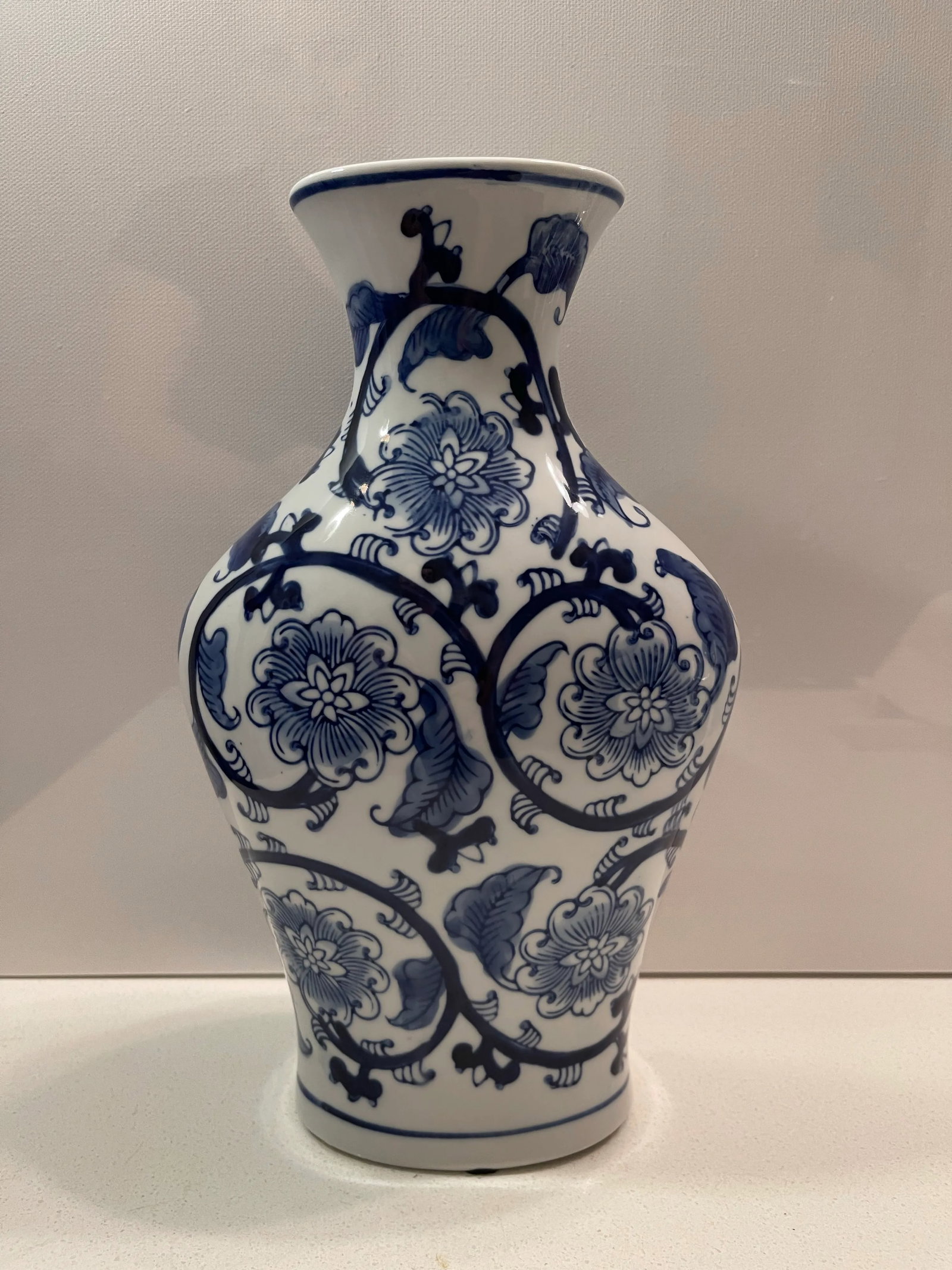 Late 20th Century Chinese Blue & White Floral and Leaf Ceramic Vase - 3