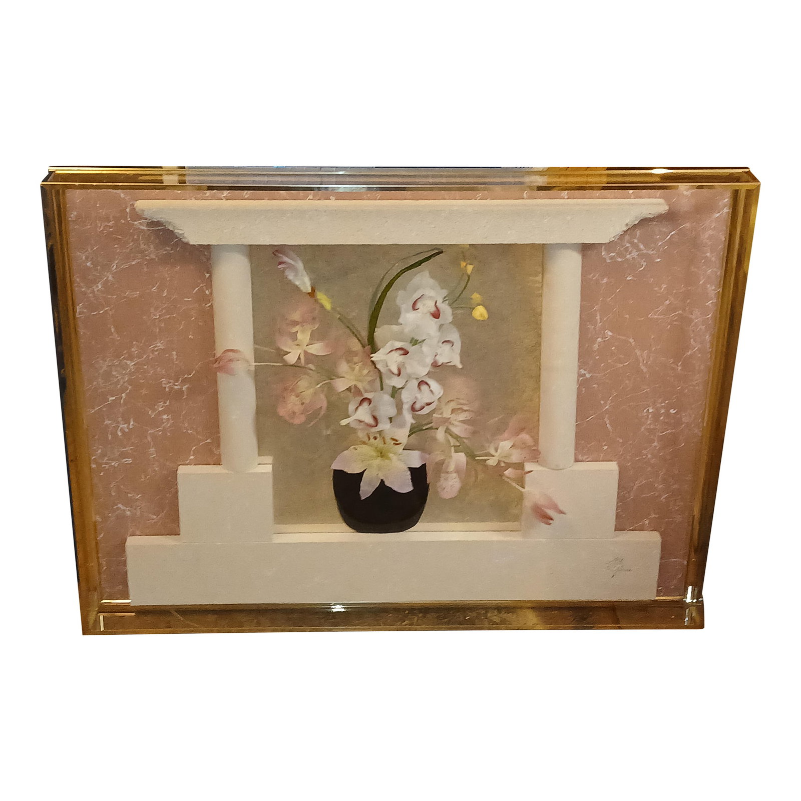 1990s Jon Gilmore Accessory Art Postmodern 3D Mirror Orchid Flower Vase Collage Sculpture: Signed jon gilmore for accesory art 3d plexiglass framed pagoda with mirror and vase of flowers. Stunning pink, black, and gold color scheme. Very large and dramatic. Minor scratching to brass